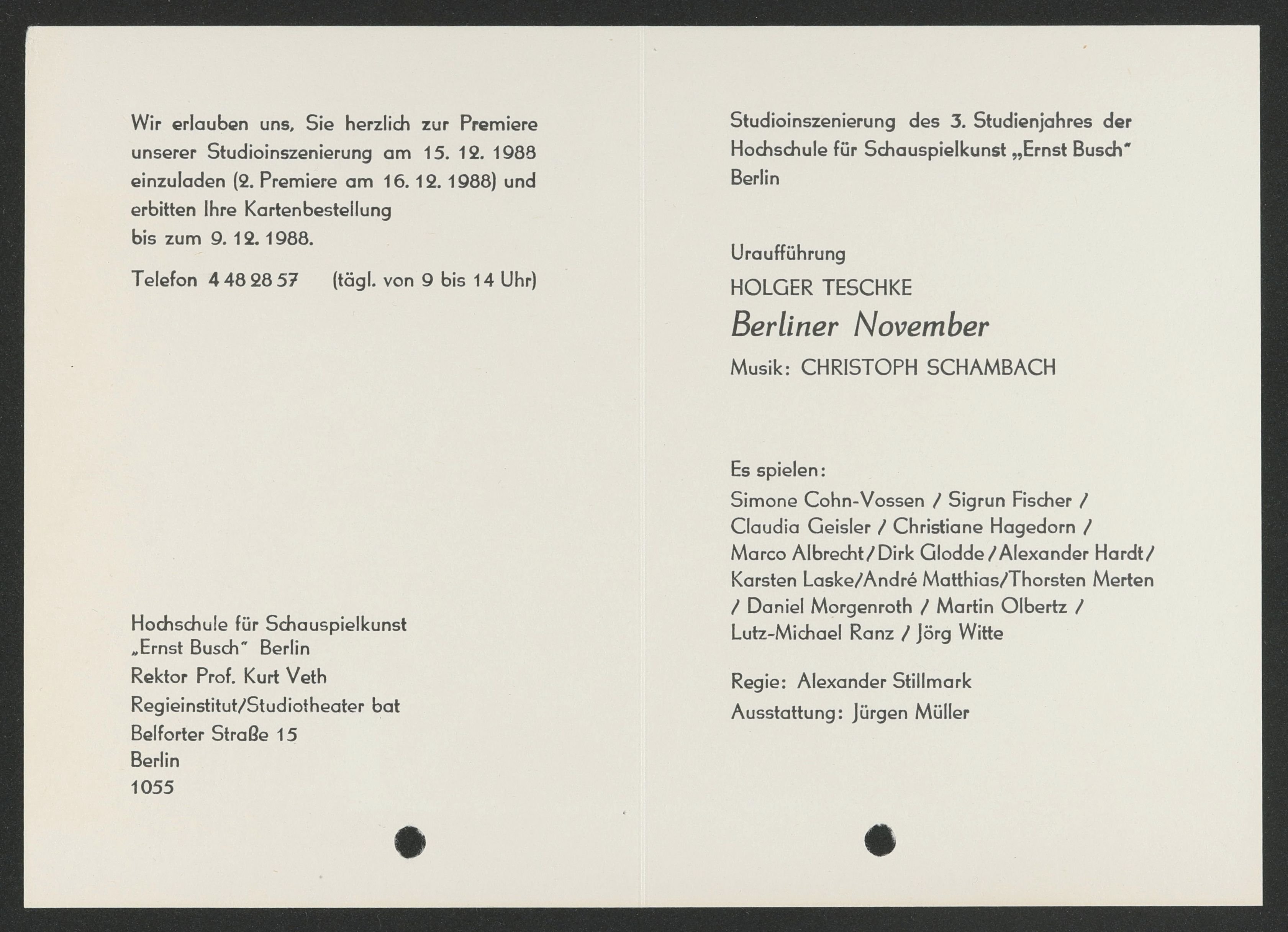 Einladung zu "Berliner November" am bat-Studiotheater 1988 (Hochschule für Schauspielkunst Ernst Busch Berlin RR-F)