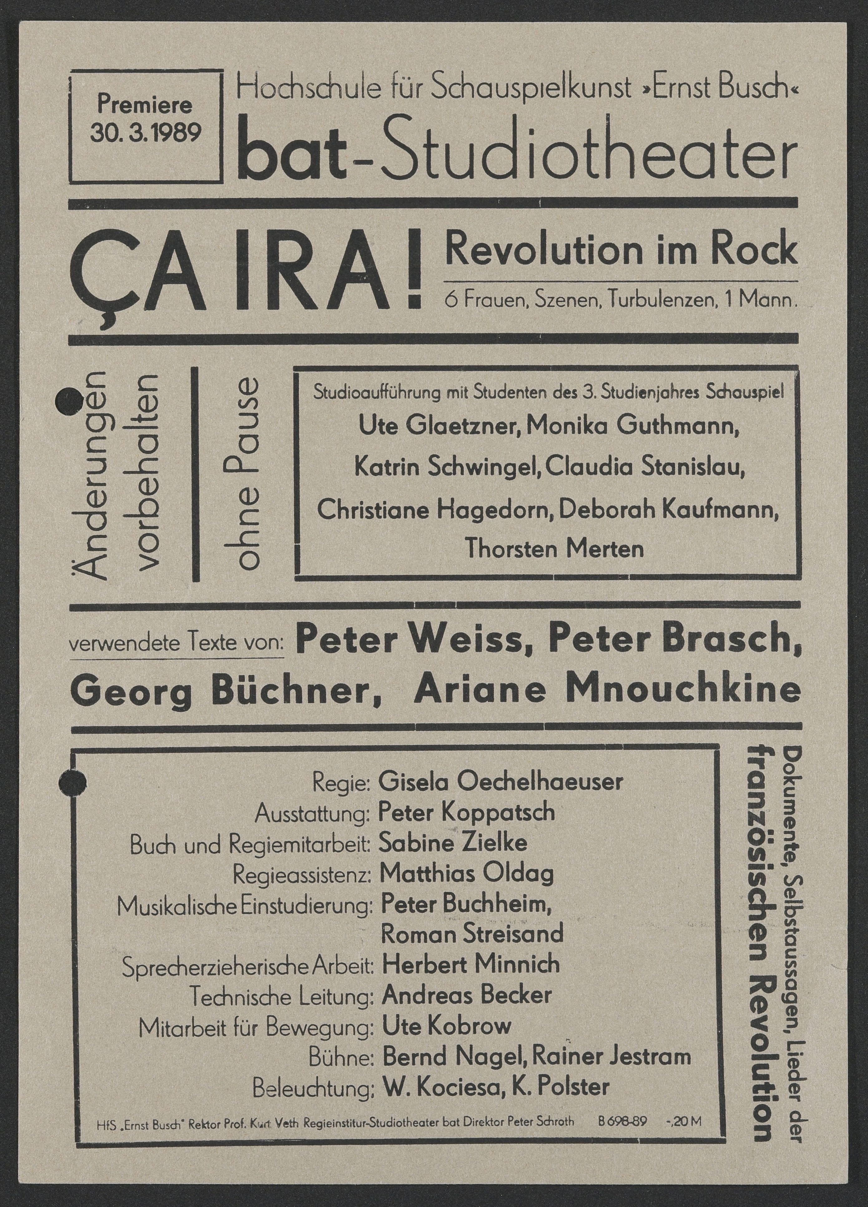 Programmzettel zu "Ça Ira! – Revolution im Rock" am bat-Studiotheater 1989 (Hochschule für Schauspielkunst Ernst Busch Berlin RR-F)