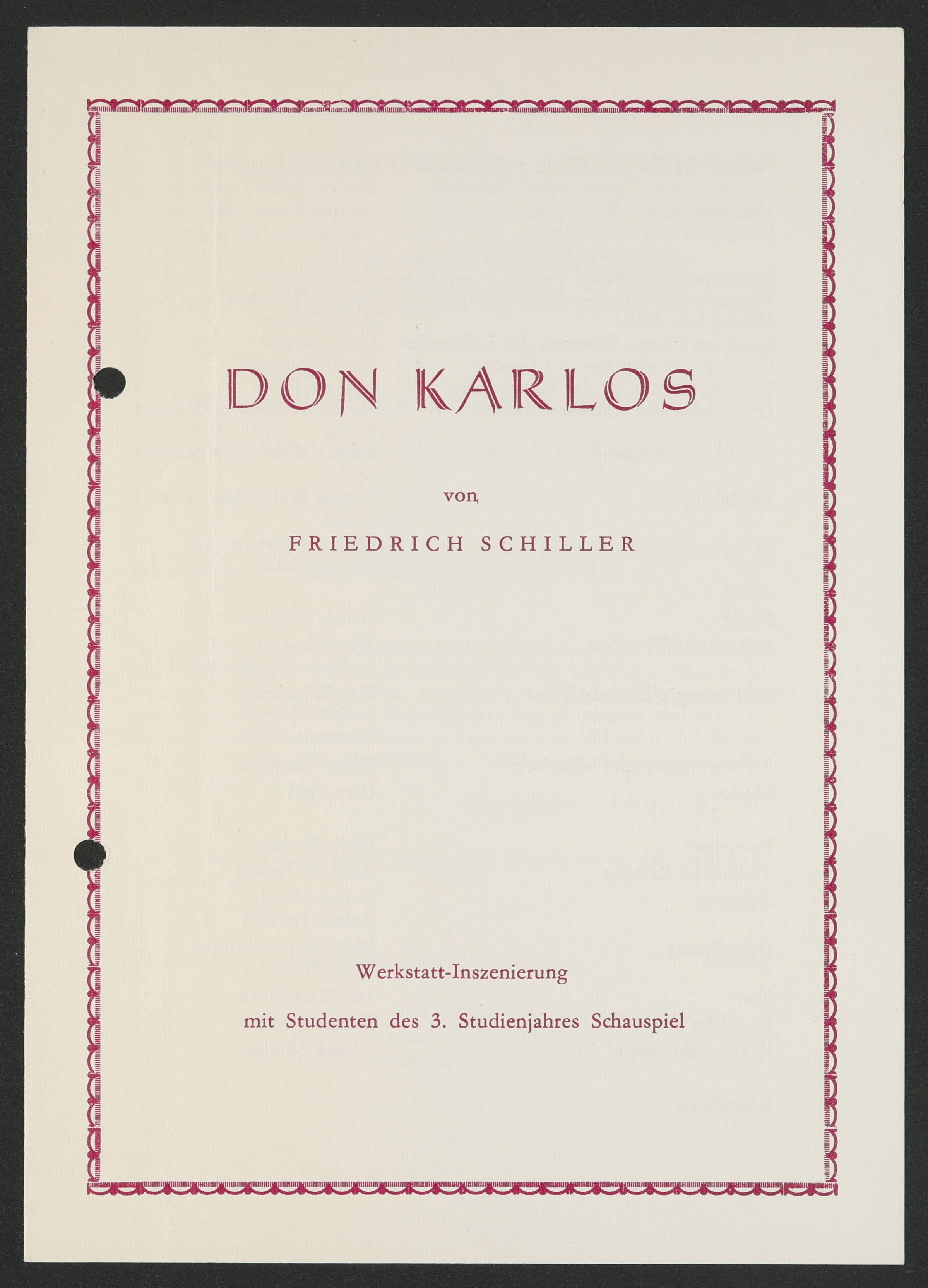Programmheft zu "Don Karlos" am bat-Studiotheater 1989 (Hochschule für Schauspielkunst Ernst Busch Berlin RR-F)