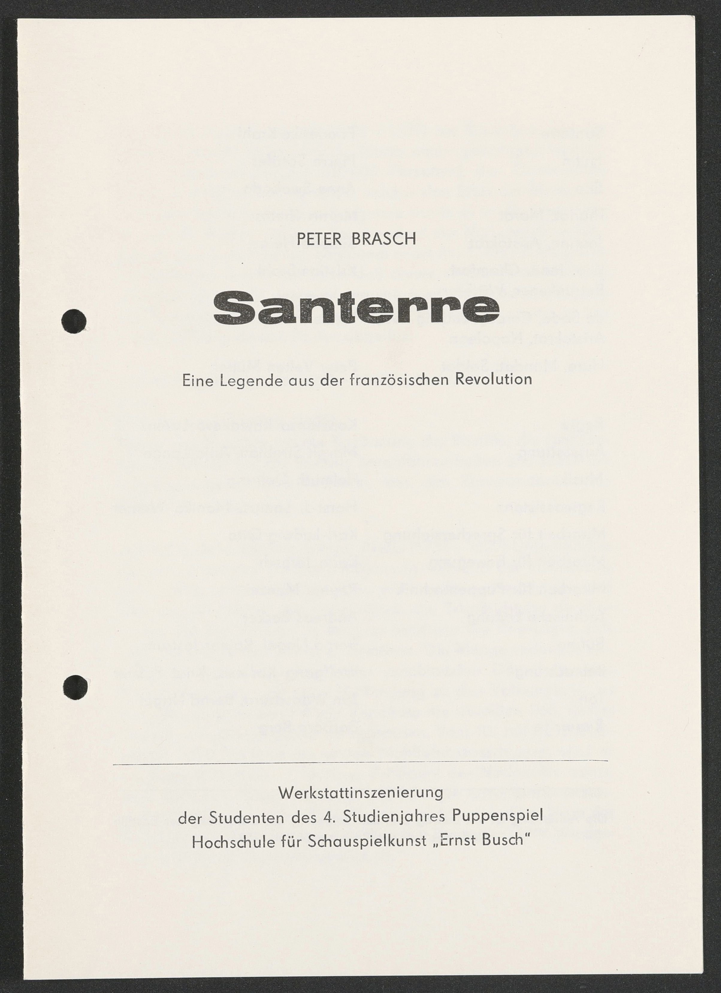 Programmheft zu "Santerre – Eine Legende aus der französischen Revolution" am bat-Studiotheater 1989 (Hochschule für Schauspielkunst Ernst Busch Berlin RR-F)