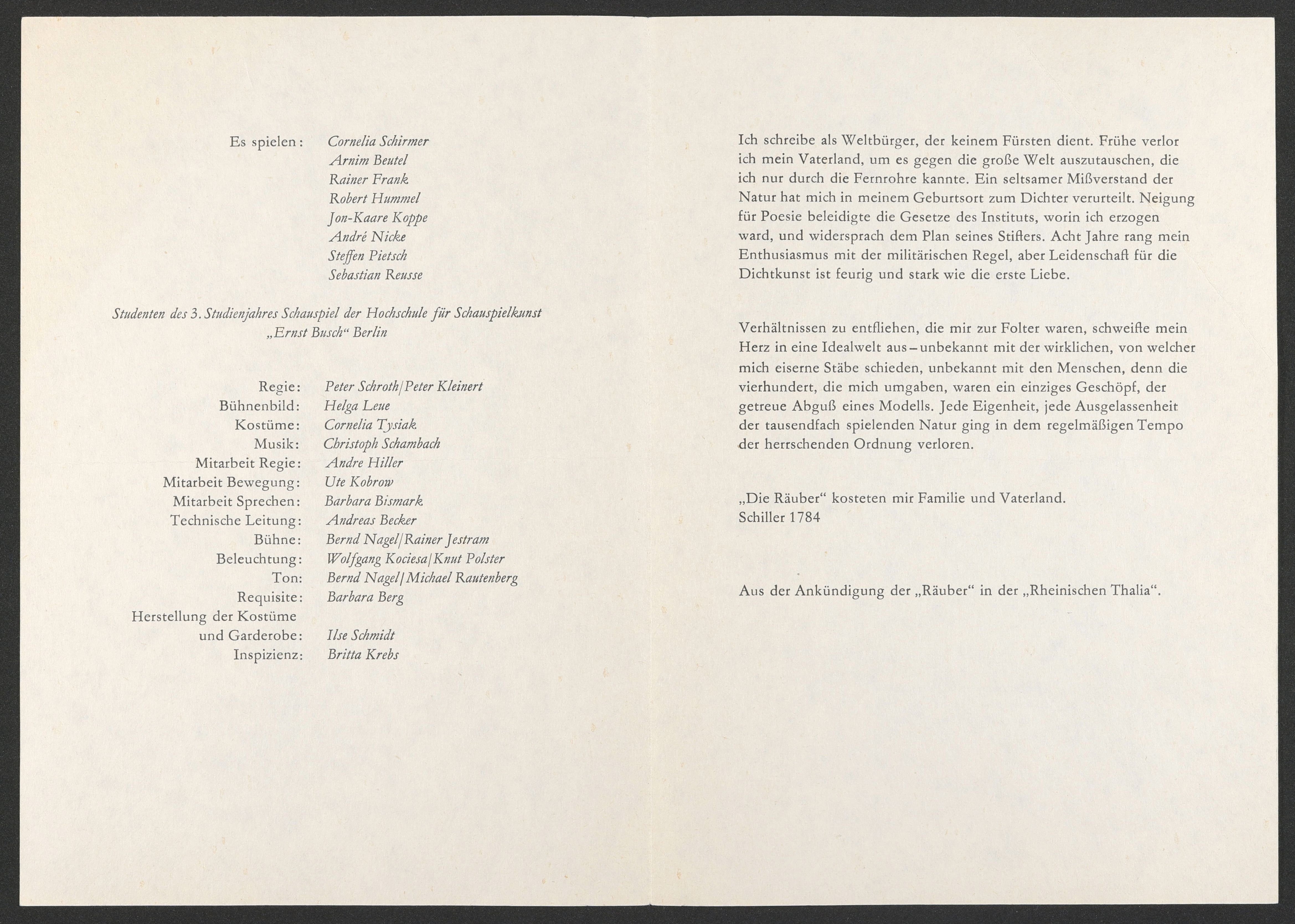 Programmheft zu "Die Räuber – Friedrichs schweißige Träume" am bat-Studiotheater 1990 (Hochschule für Schauspielkunst Ernst Busch Berlin RR-F)