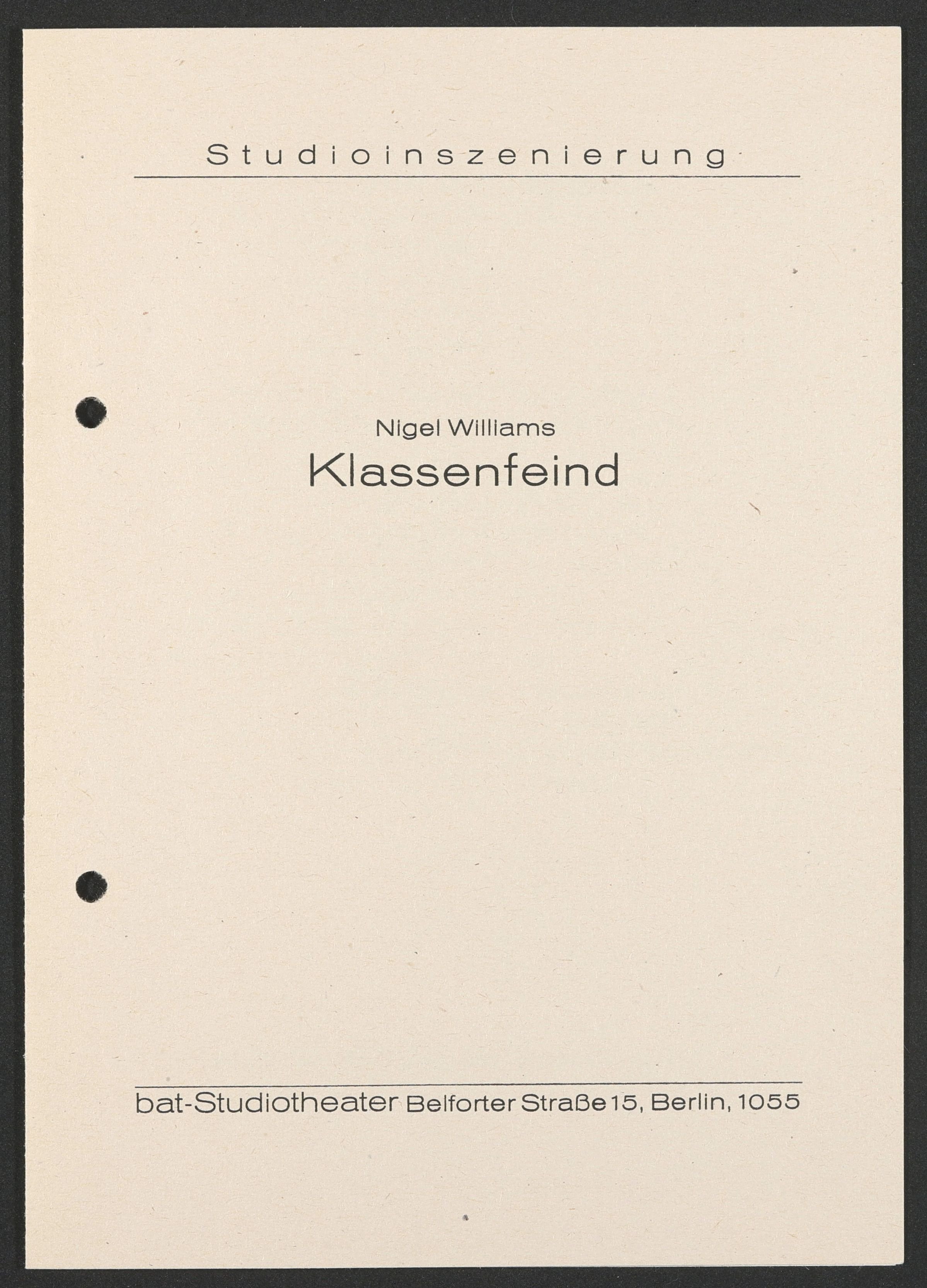 Programmheft zu "Klassenfeind" am bat-Studiotheater 1990 (Hochschule für Schauspielkunst Ernst Busch Berlin RR-F)
