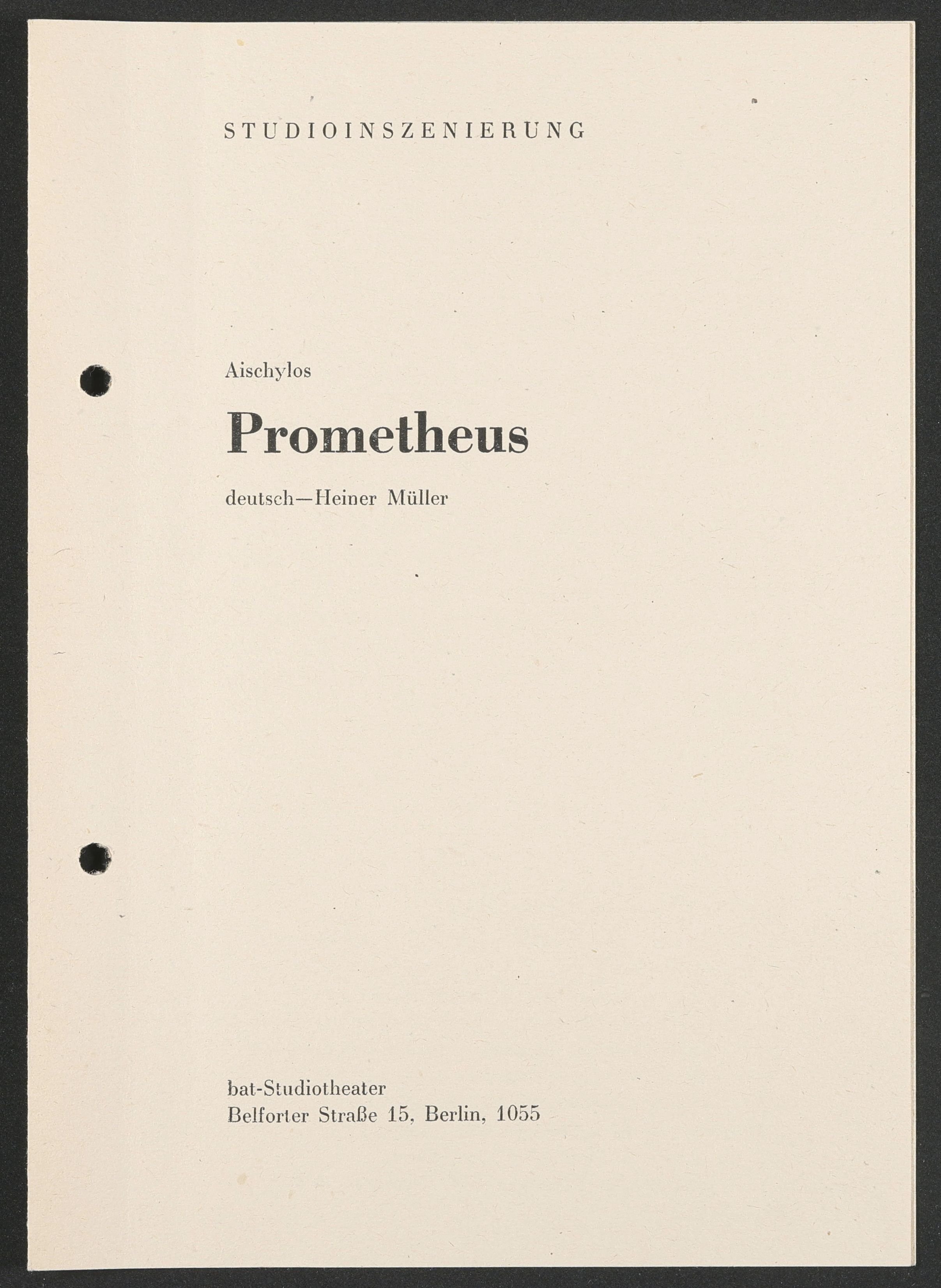 Programmheft zu "Prometheus" am bat-Studiotheater 1990 (Hochschule für Schauspielkunst Ernst Busch Berlin RR-F)