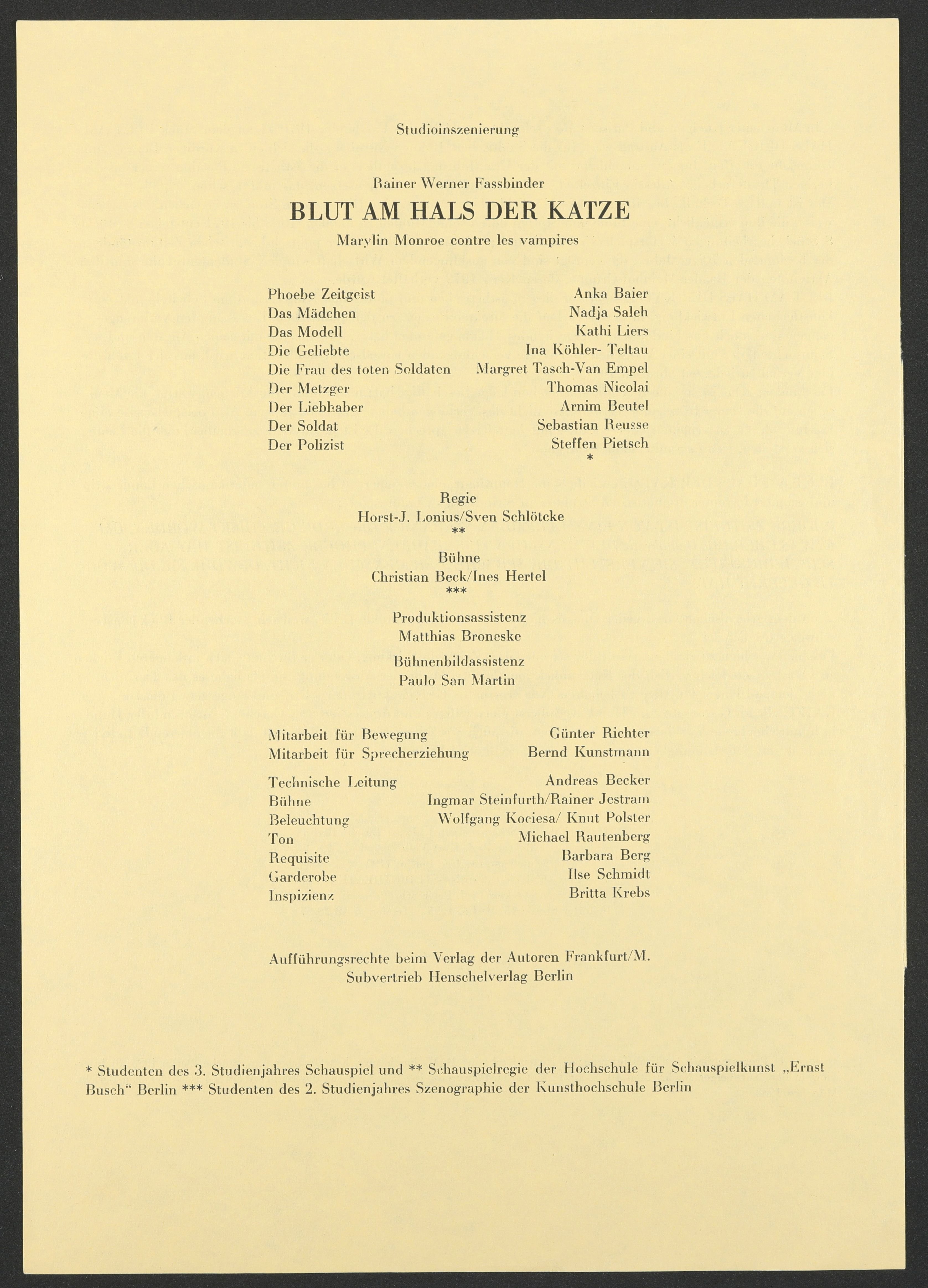 Programmzettel zu "Blut am Hals der Katze" am bat-Studiotheater 1990 (Hochschule für Schauspielkunst Ernst Busch Berlin RR-F)