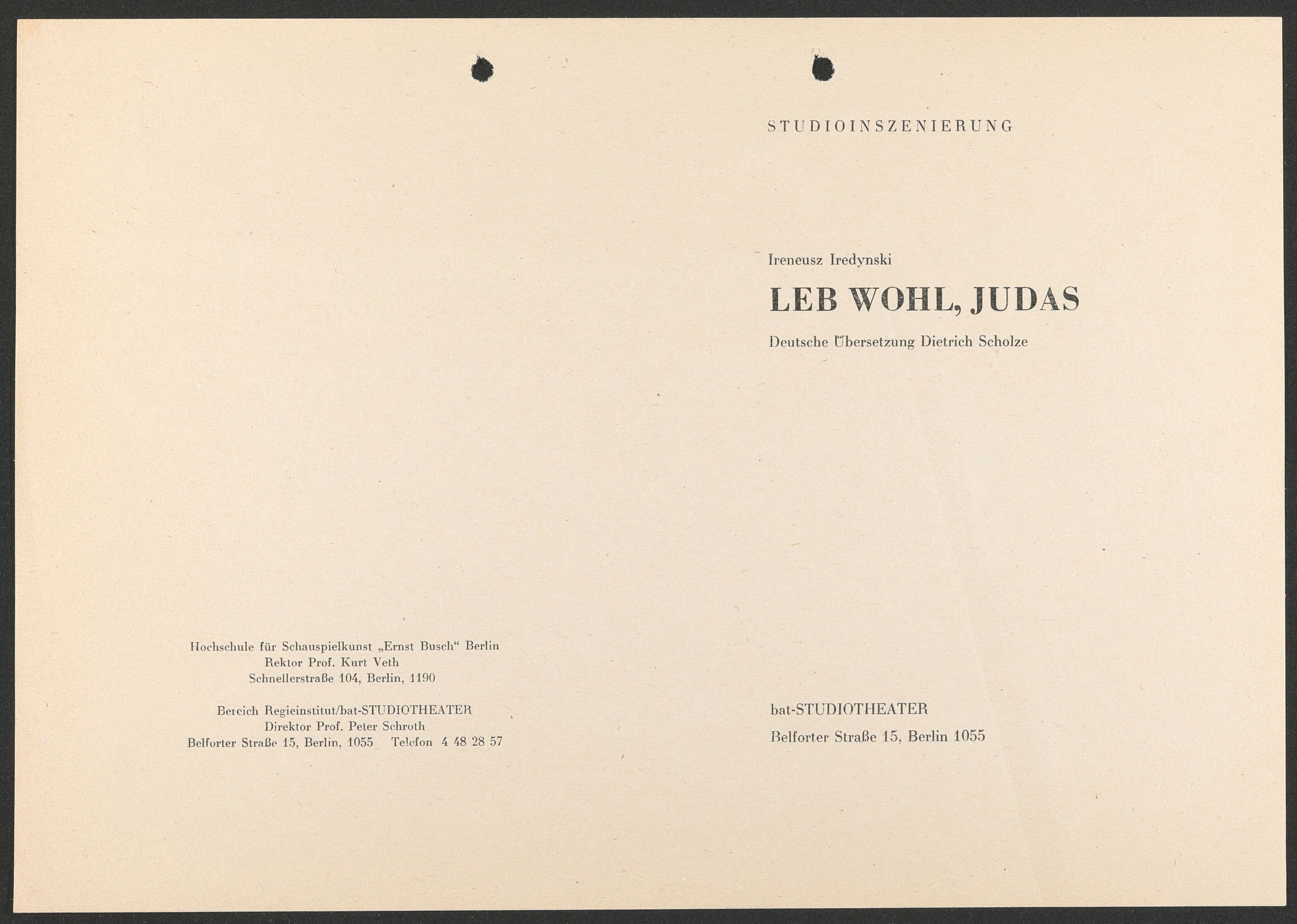 Programmheft zu "Leb wohl, Judas" am bat-Studiotheater 1990 (Hochschule für Schauspielkunst Ernst Busch Berlin RR-F)