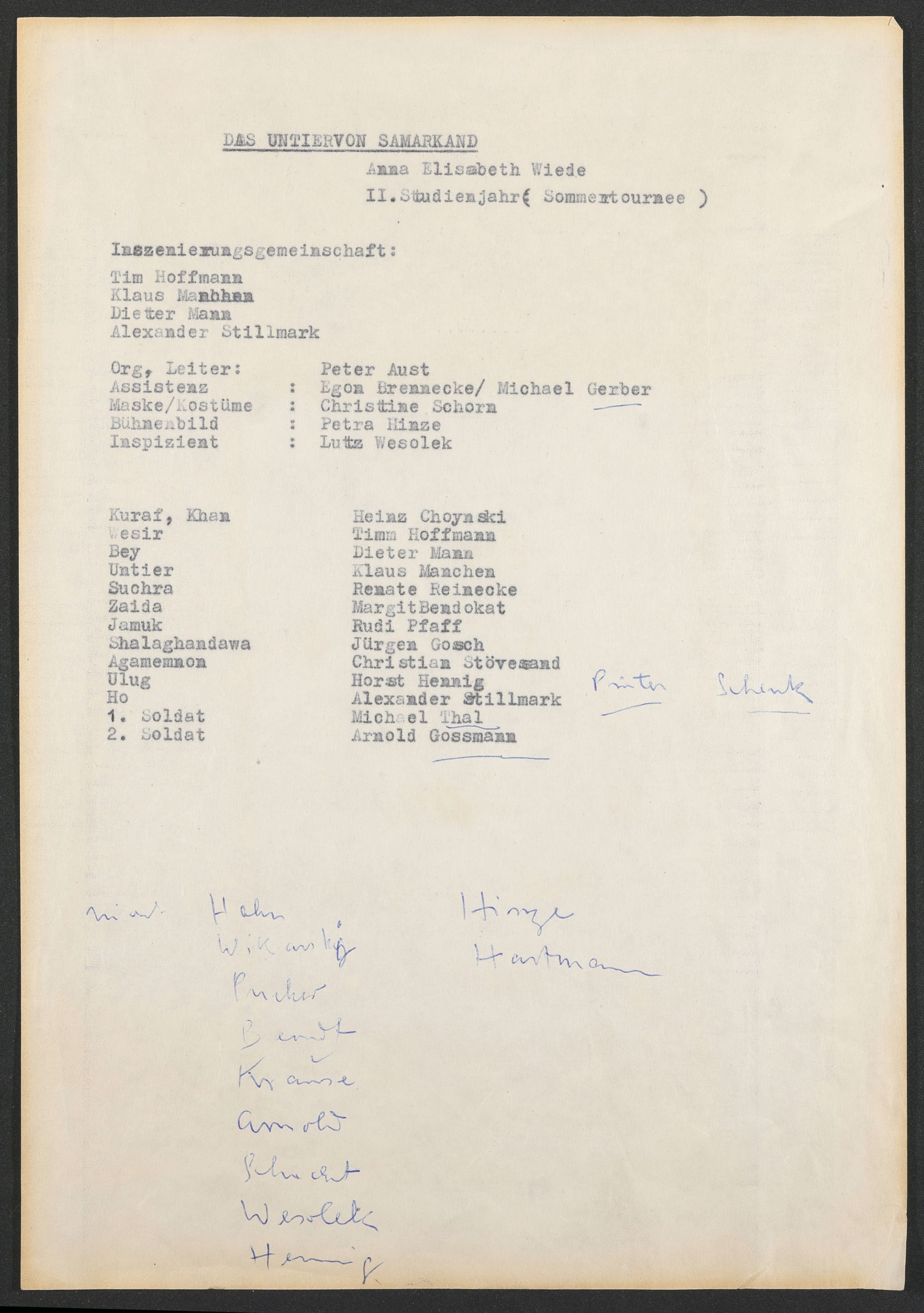 Programmzettel zu "Das Untier von Samarkand" als Tourneetheater 1963 (Hochschule für Schauspielkunst Ernst Busch Berlin RR-F)