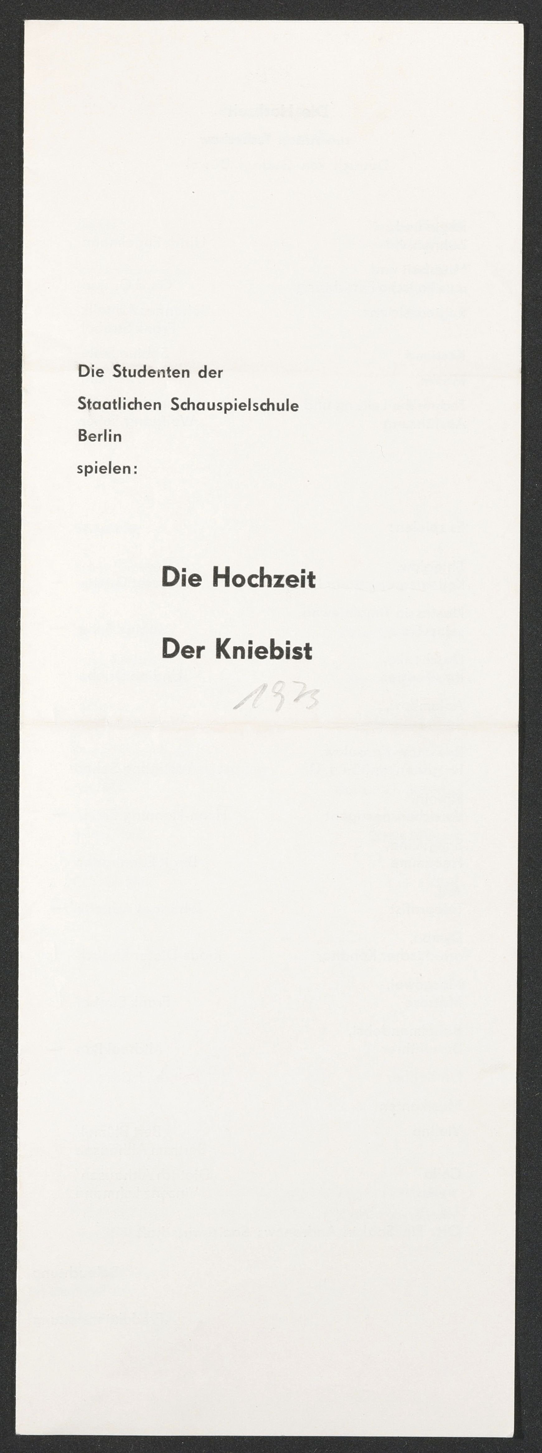 Programmheft zu "Die Hochzeit" und "Der Kniebist" am bat-Studiotheater 1972 (Hochschule für Schauspielkunst Ernst Busch Berlin RR-F)