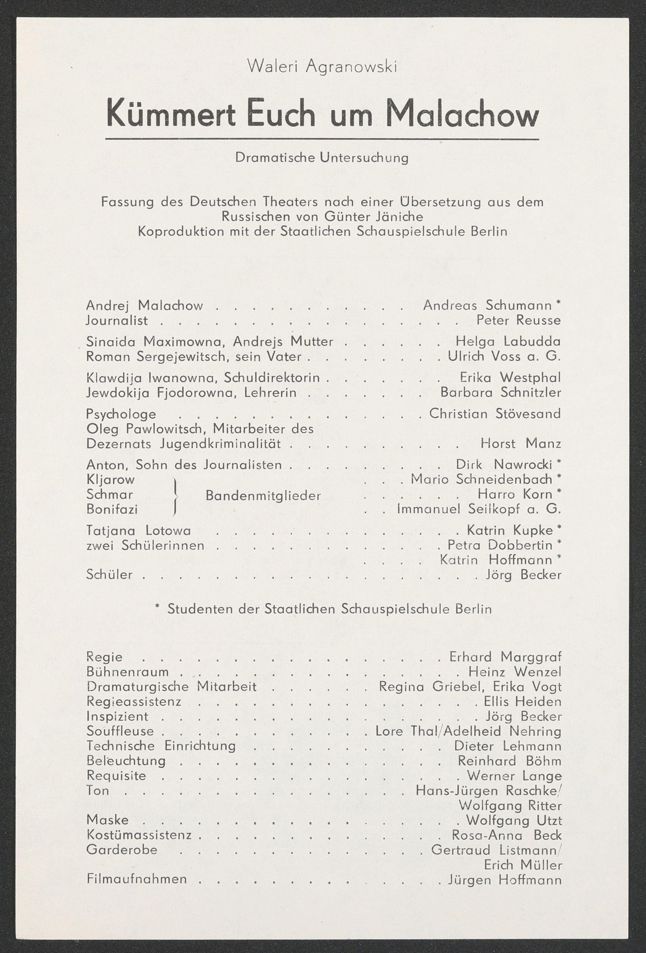 Programmheft zu "Kümmert euch um Malachow" im Jugendtreff des Palast der Republik 1981 (Hochschule für Schauspielkunst Ernst Busch Berlin RR-F)