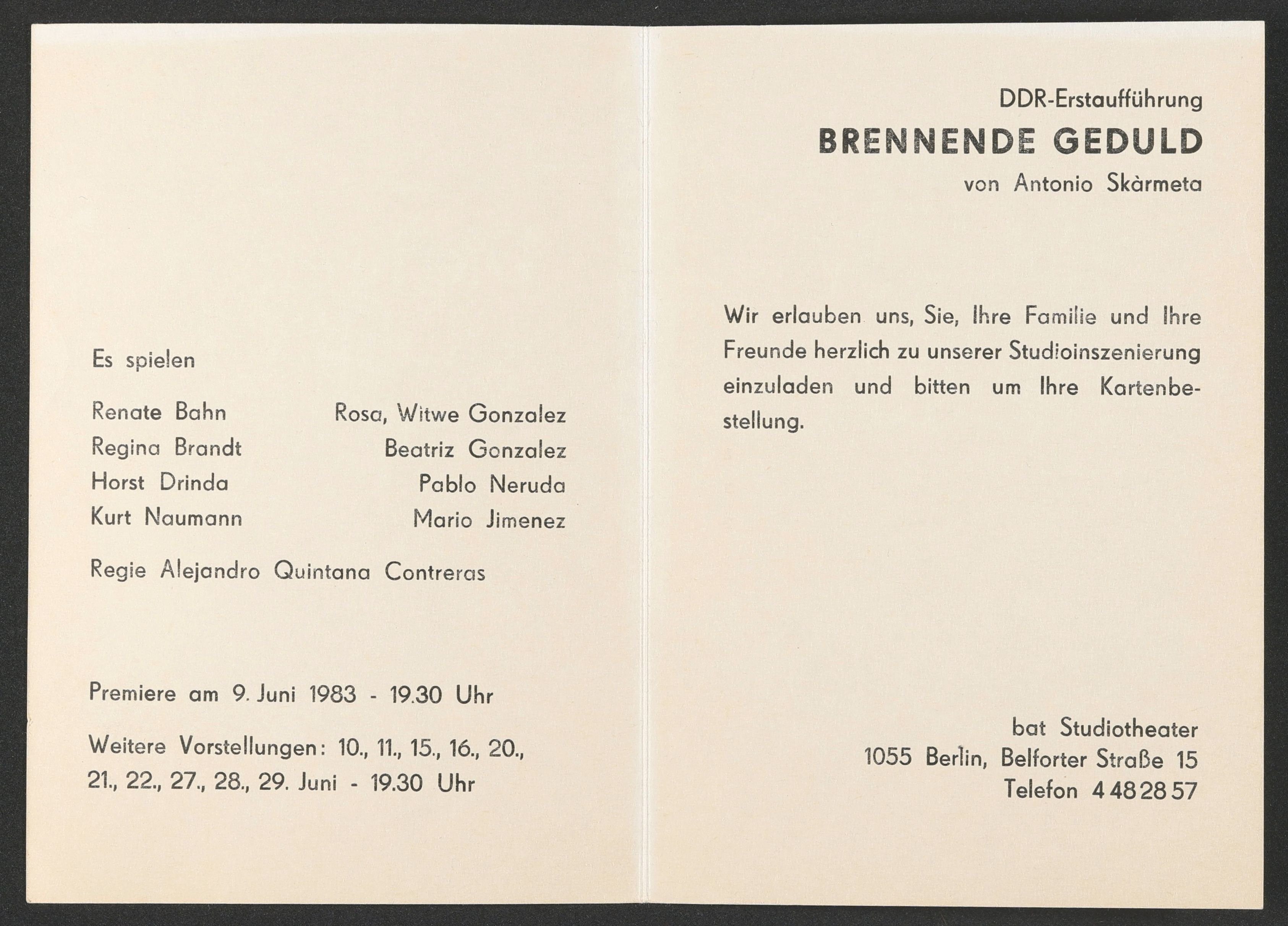 Einladung zu "Brennende Geduld" am bat-Studiotheater 1983 (Hochschule für Schauspielkunst Ernst Busch Berlin RR-F)