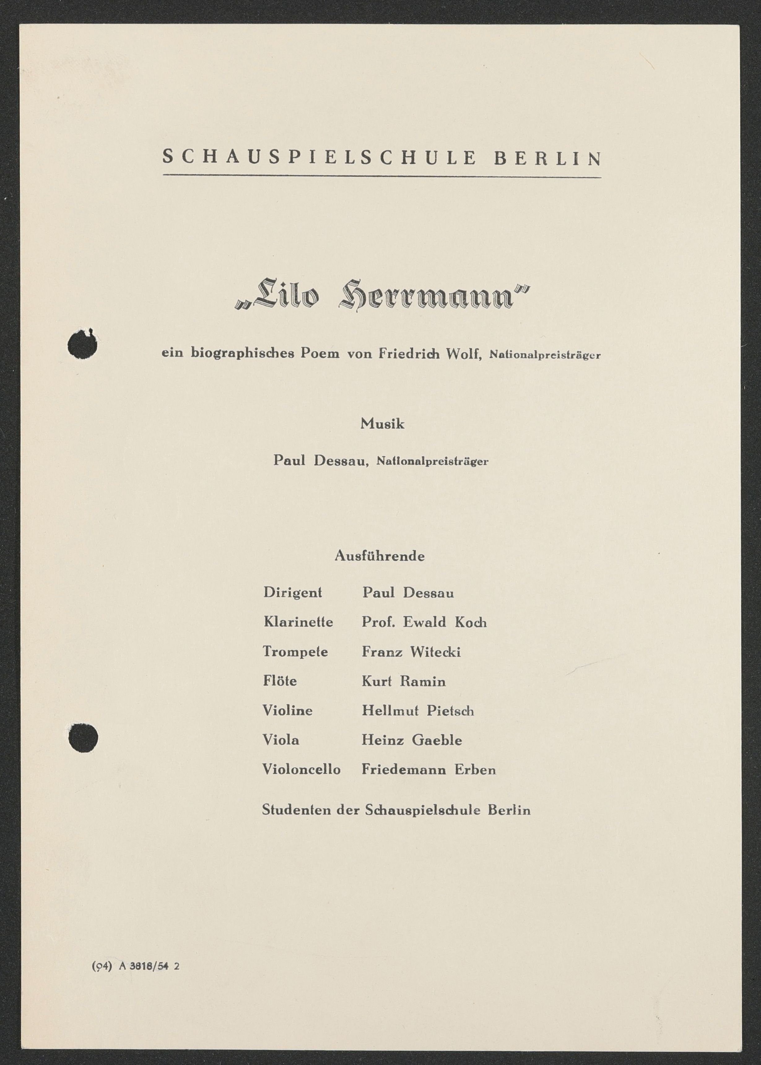 Programmzettel zu "Lilo Herrmann" am Deutschen Theater 1954 (Hochschule für Schauspielkunst Ernst Busch Berlin RR-F)