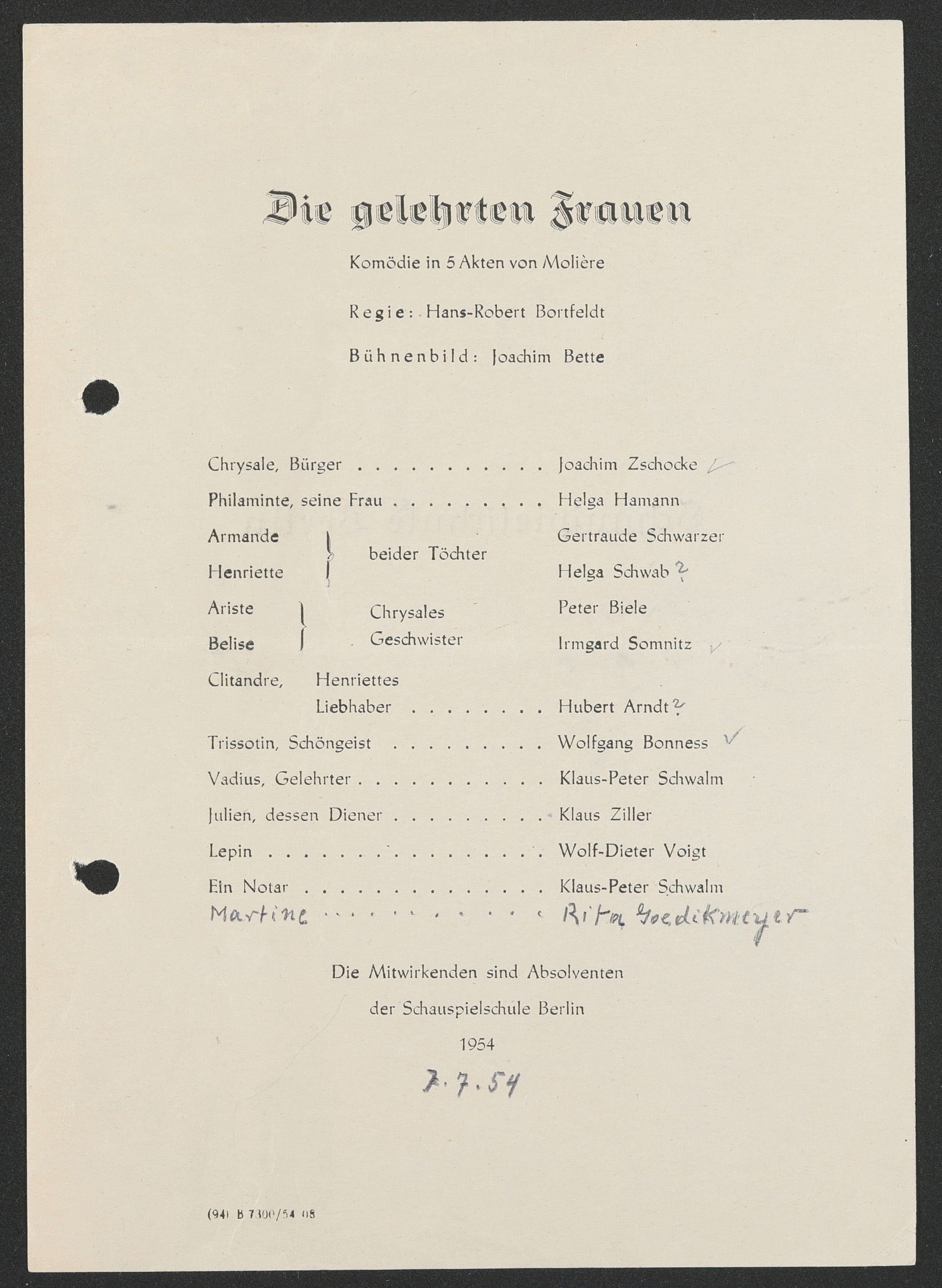 Programmzettel zu "Die gelehrten Frauen" am Maxim-Gorki-Theater 1954 (Hochschule für Schauspielkunst Ernst Busch Berlin RR-F)