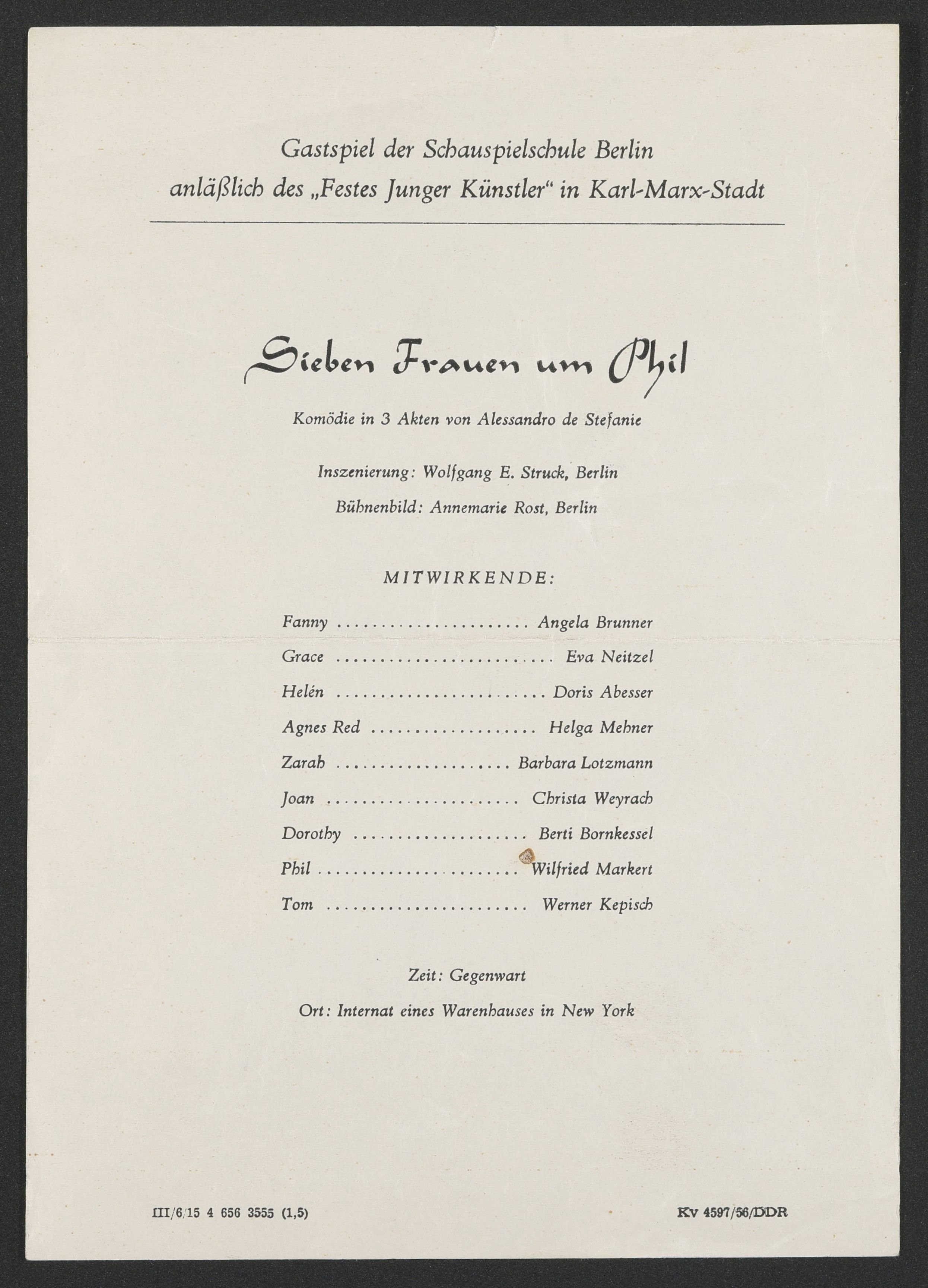 Programmzettel zu "Sieben Frauen um Phil" in Karl-Marx-Stadt 1956 (Hochschule für Schauspielkunst Ernst Busch Berlin RR-F)