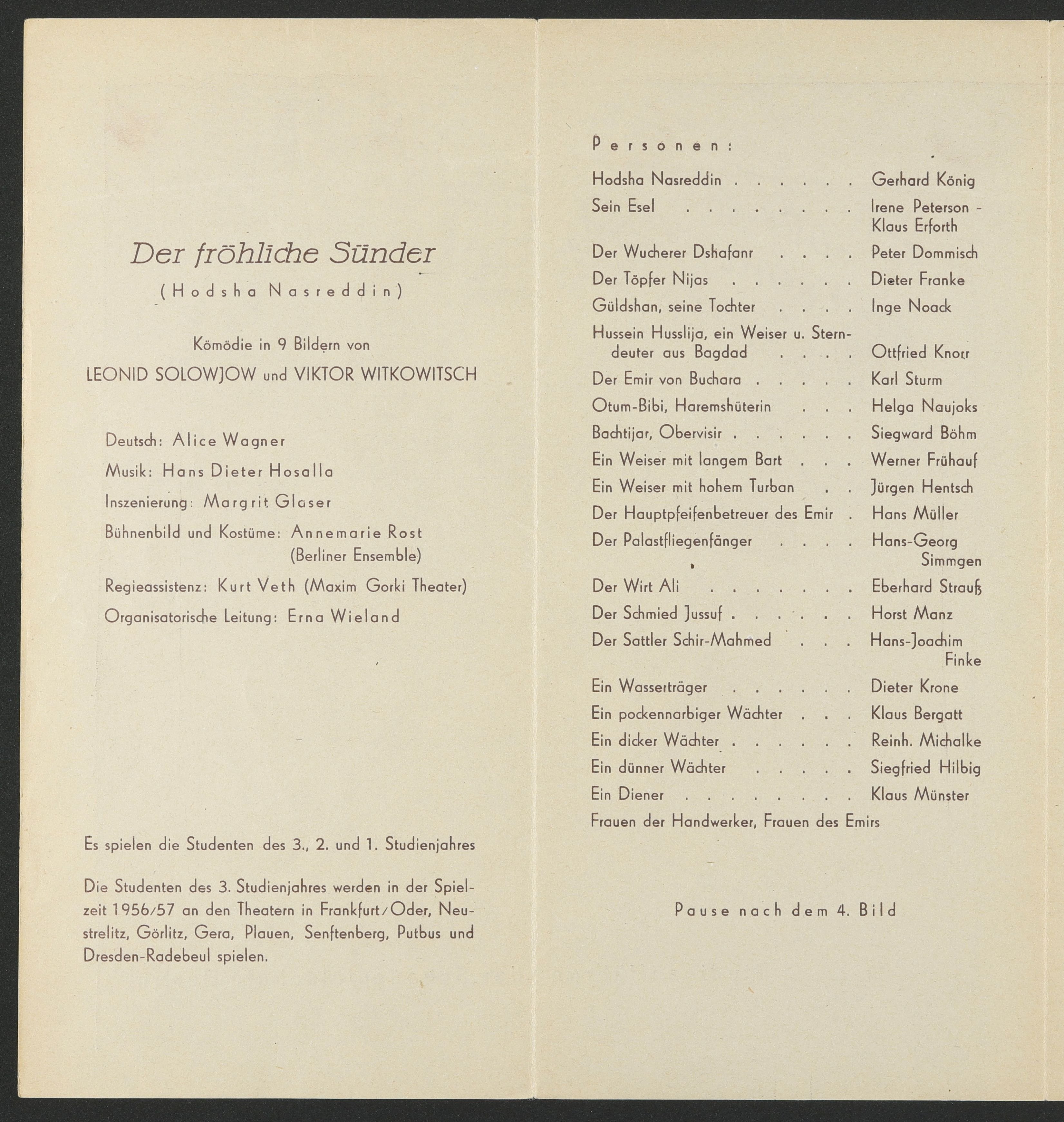 Programmheft zu "Der fröhliche Sünder" in Karl-Marx-Stadt 1956 (Hochschule für Schauspielkunst Ernst Busch Berlin RR-F)