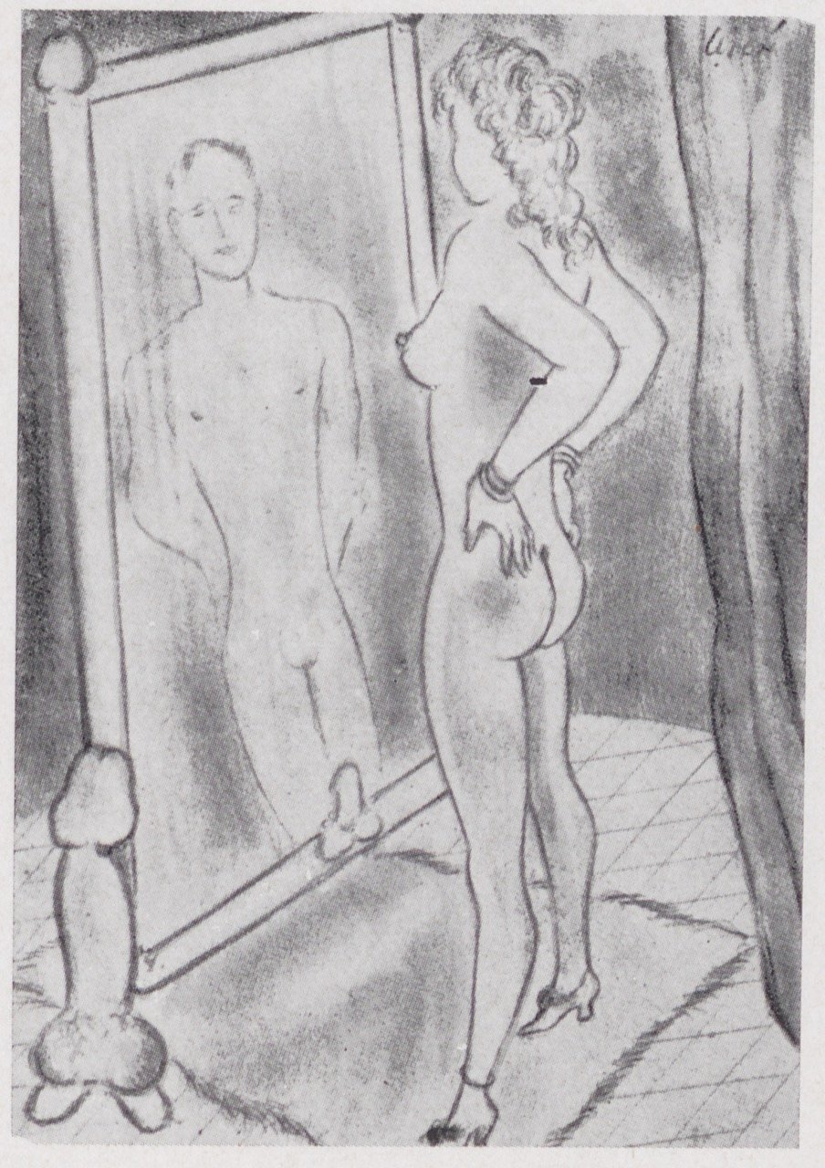 Abbildung einer Zeichnung, die eine unbekleidete weibliche Person vor einem Ganzkörperspiegel zeigt (Magnus-Hirschfeld-Gesellschaft Public Domain Mark)