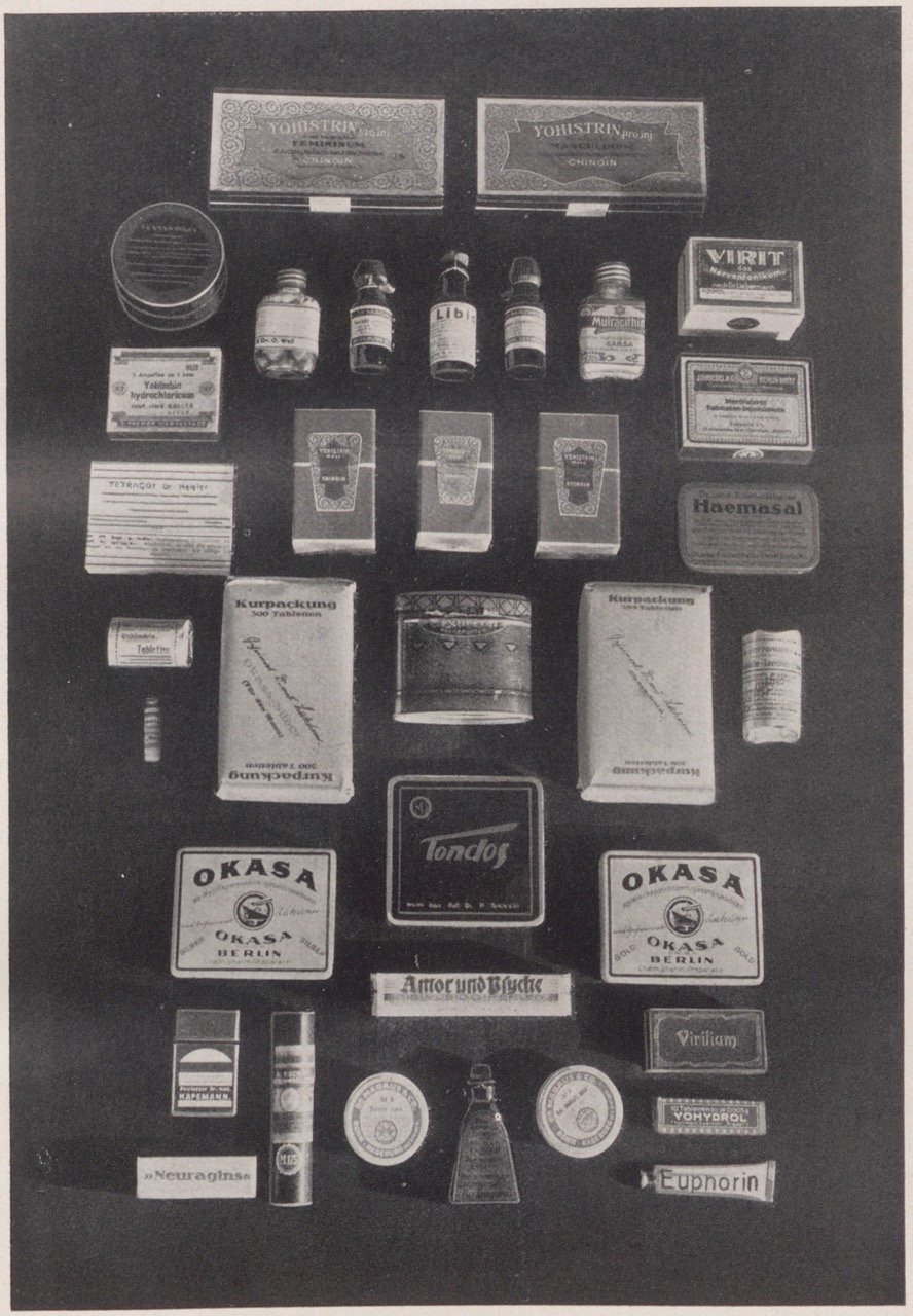 Abbildung verschiedener pharmazeutischer Aphrodisiaka (Magnus-Hirschfeld-Gesellschaft Public Domain Mark)