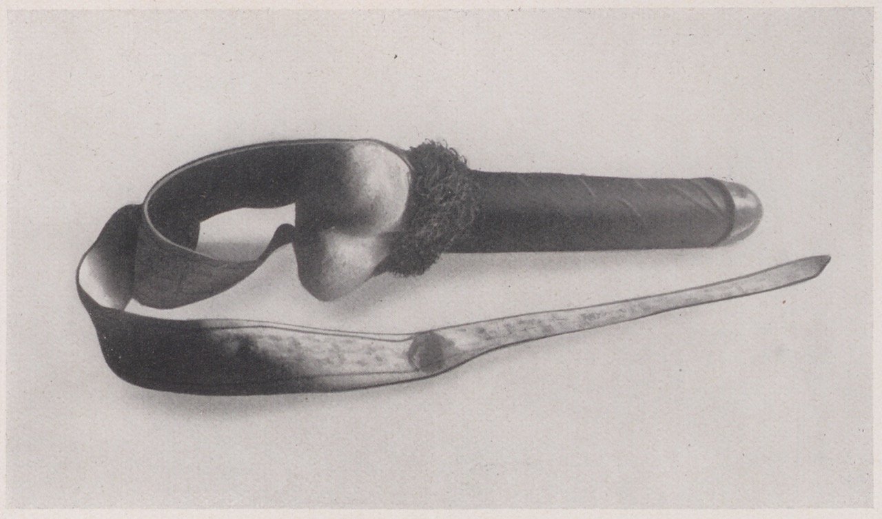 Abbildung eines Godemiché (Dildo) mit Scrotum (Magnus-Hirschfeld-Gesellschaft Public Domain Mark)