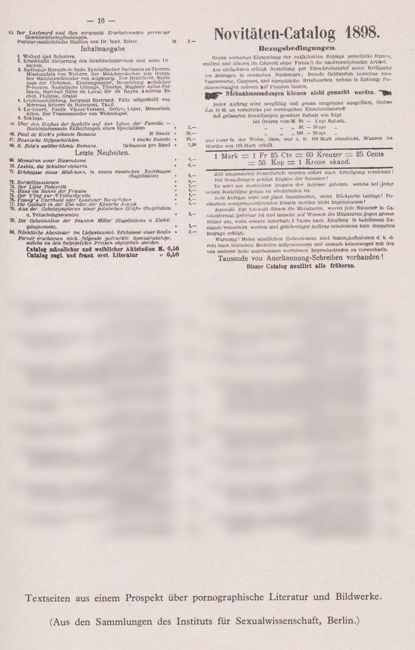 Abbildung verschiedener Textseiten aus einem Prospekt für pornografisches Material (Magnus-Hirschfeld-Gesellschaft Public Domain Mark)