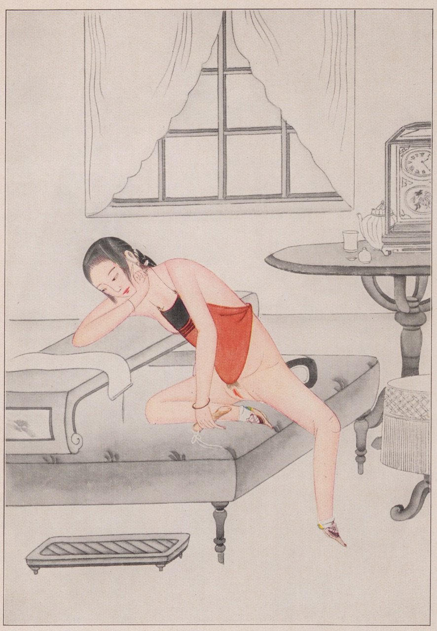 Zeichnung, auf der eine Frau einen Godemiché (Dildo) benutzt (Magnus-Hirschfeld-Gesellschaft Public Domain Mark)