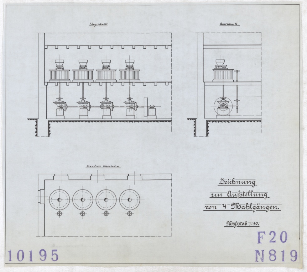 Handzeichnung: Zeichnung zur Aufstellung von vier Mahlgängen (Stiftung Deutsches Technikmuseum Berlin CC BY-SA)