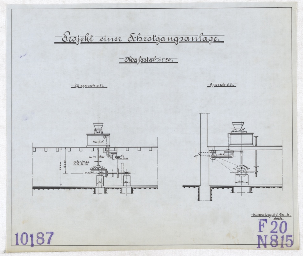 Handzeichnung: Projekt einer Schrotganganlage (Stiftung Deutsches Technikmuseum Berlin CC BY-SA)