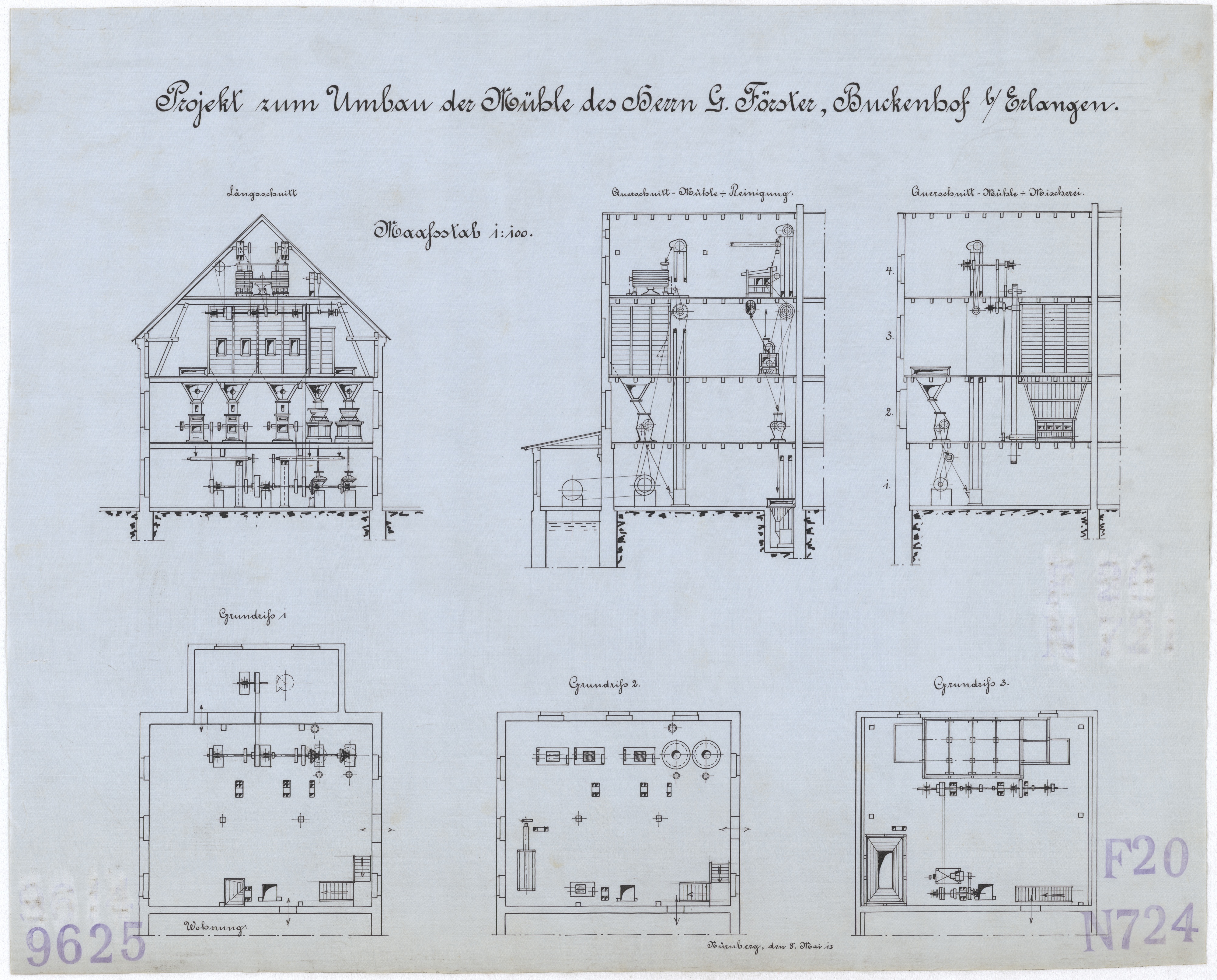 Technische Zeichnung : Projekt zum Umbau der Mühle des Herrn G. Förster, Buckenhof bei Erlangen (Stiftung Deutsches Technikmuseum Berlin CC BY-SA)