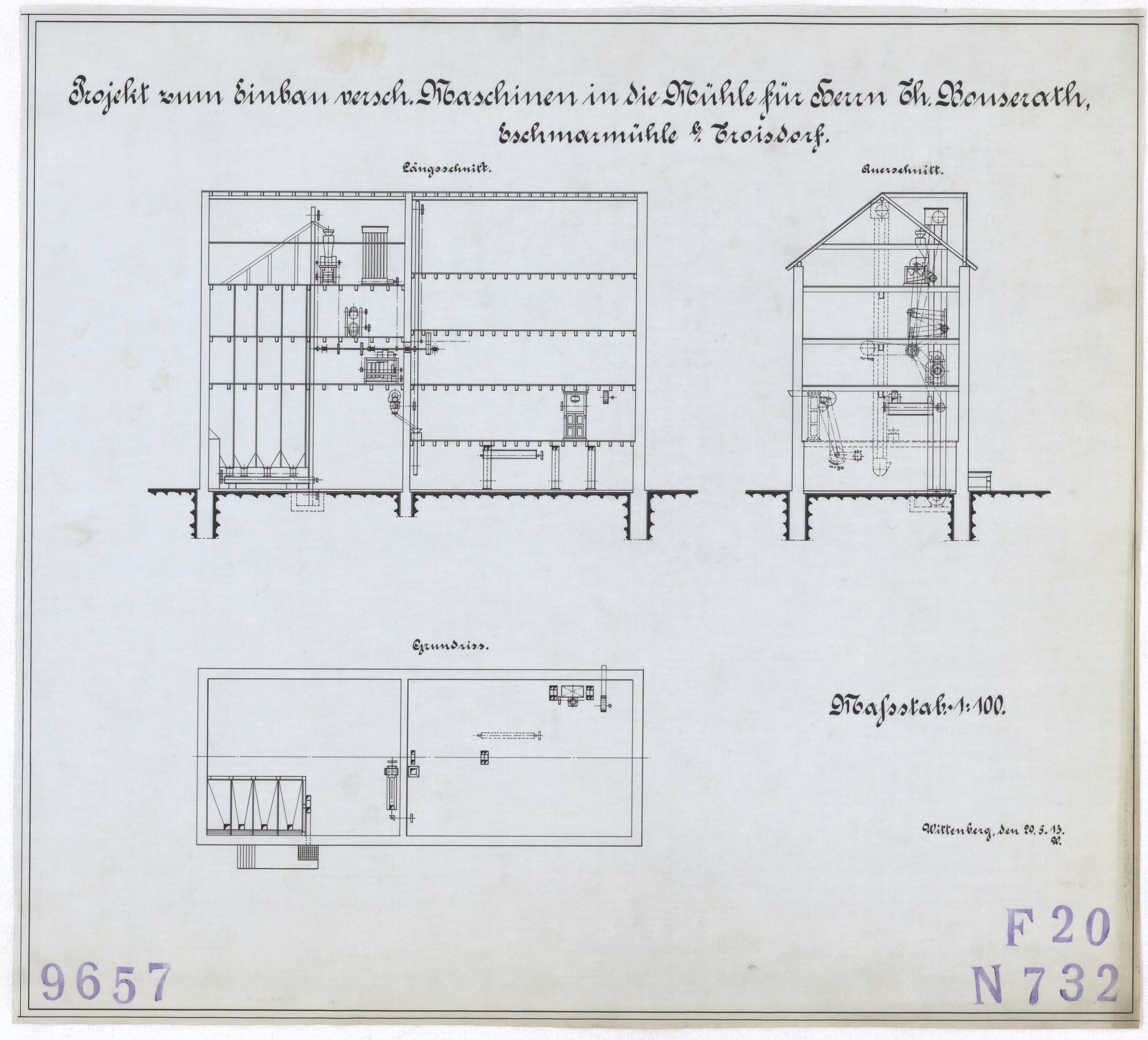 Technische Zeichnung : Projekt zum Einbau verschiedener Maschinen in die Mühle für Herrn Th. Bouserath, Eschmarmühle bei Troisdorf (Stiftung Deutsches Technikmuseum Berlin CC BY-SA)