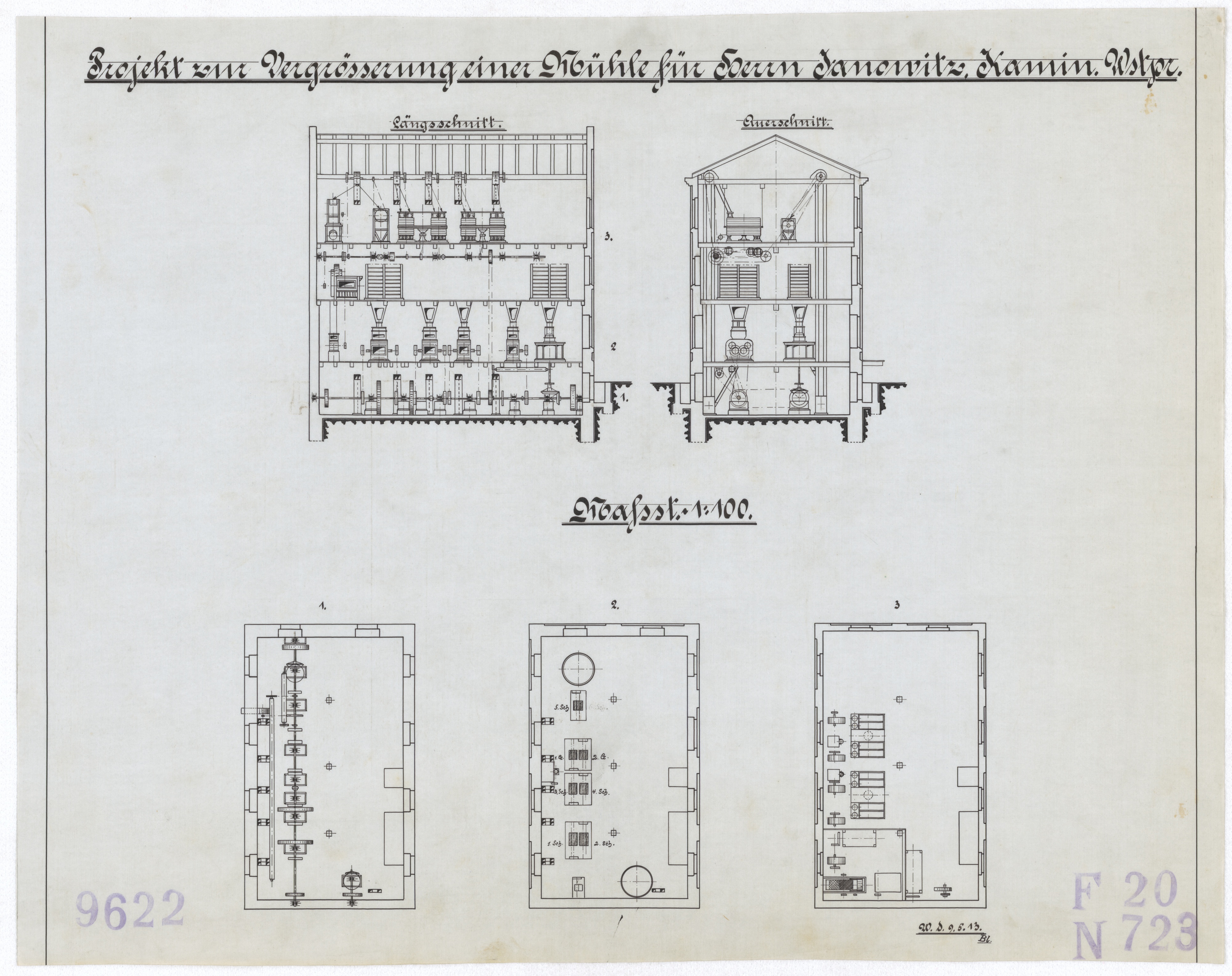 Technische Zeichnung : Projekt zur Vergrößerung einer Mühle für Herrn Janowitz, Kamin, Westpreußen (Stiftung Deutsches Technikmuseum Berlin CC BY-SA)