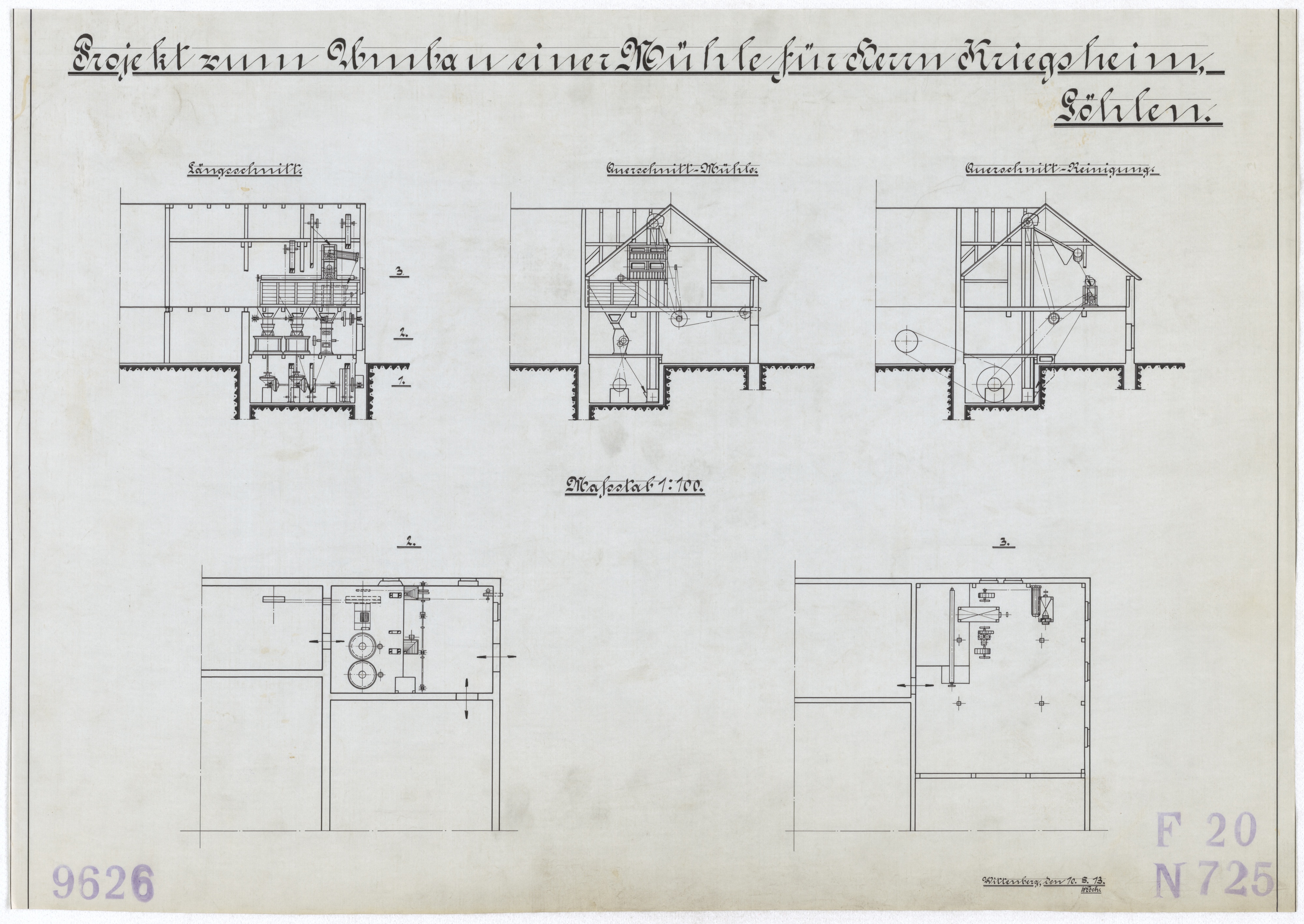 Technische Zeichnung : Projekt zum Umbau einer Mühle für Herrn Kriegsheim, Göhlen (Stiftung Deutsches Technikmuseum Berlin CC BY-SA)