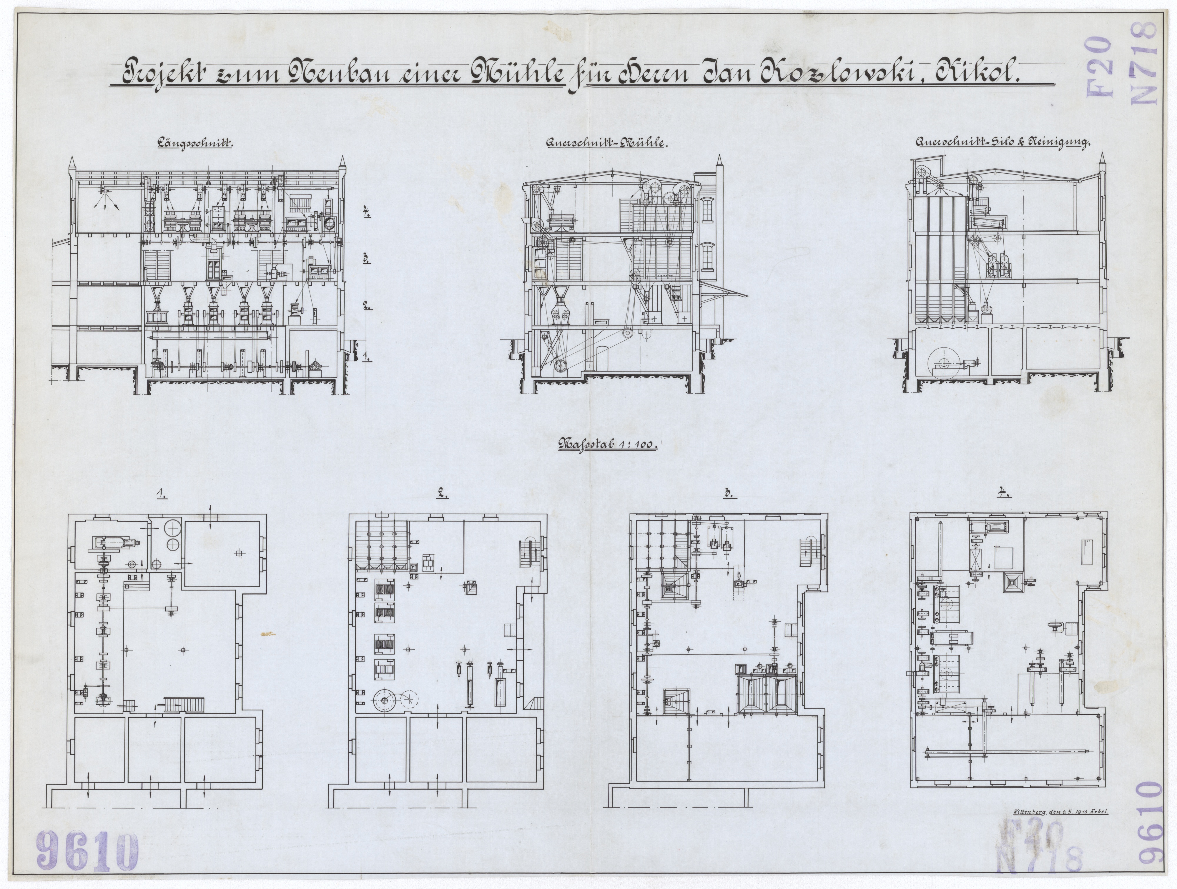 Technische Zeichnung : Projekt zum Neubau einer Mühle für Herrn Jan Kozlowski, Kikol (Stiftung Deutsches Technikmuseum Berlin CC BY-SA)