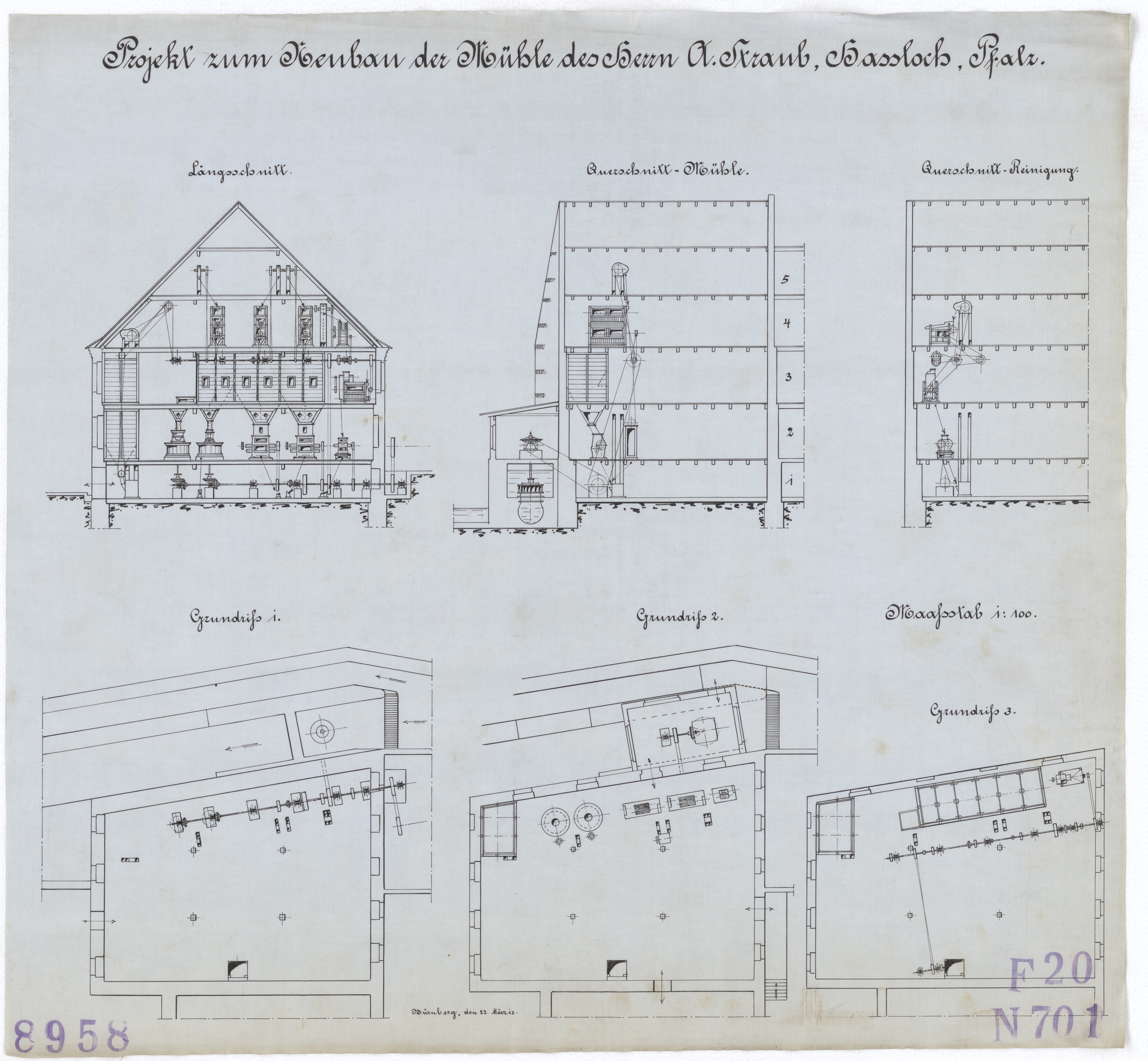 Technische Zeichnung : Projekt zum Neubau der Mühle des Herrn A. Straub, Haßloch, Pfalz (Stiftung Deutsches Technikmuseum Berlin CC BY-SA)