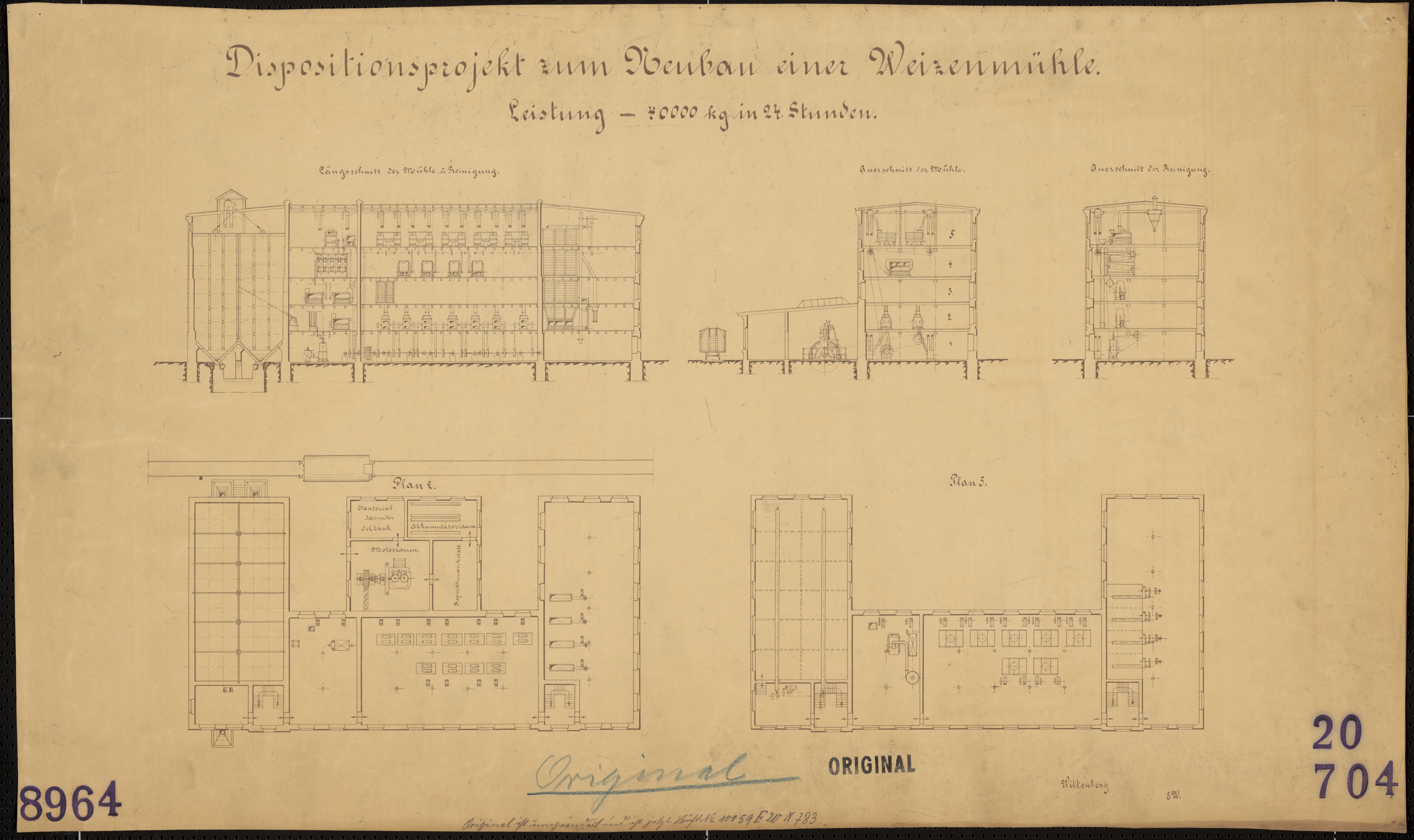 Technische Zeichnung : Dispositionsprojekt zum Neubau einer Weizenmühle. Leistung - 40000 kg in 24 Stunden (Stiftung Deutsches Technikmuseum Berlin CC BY-SA)