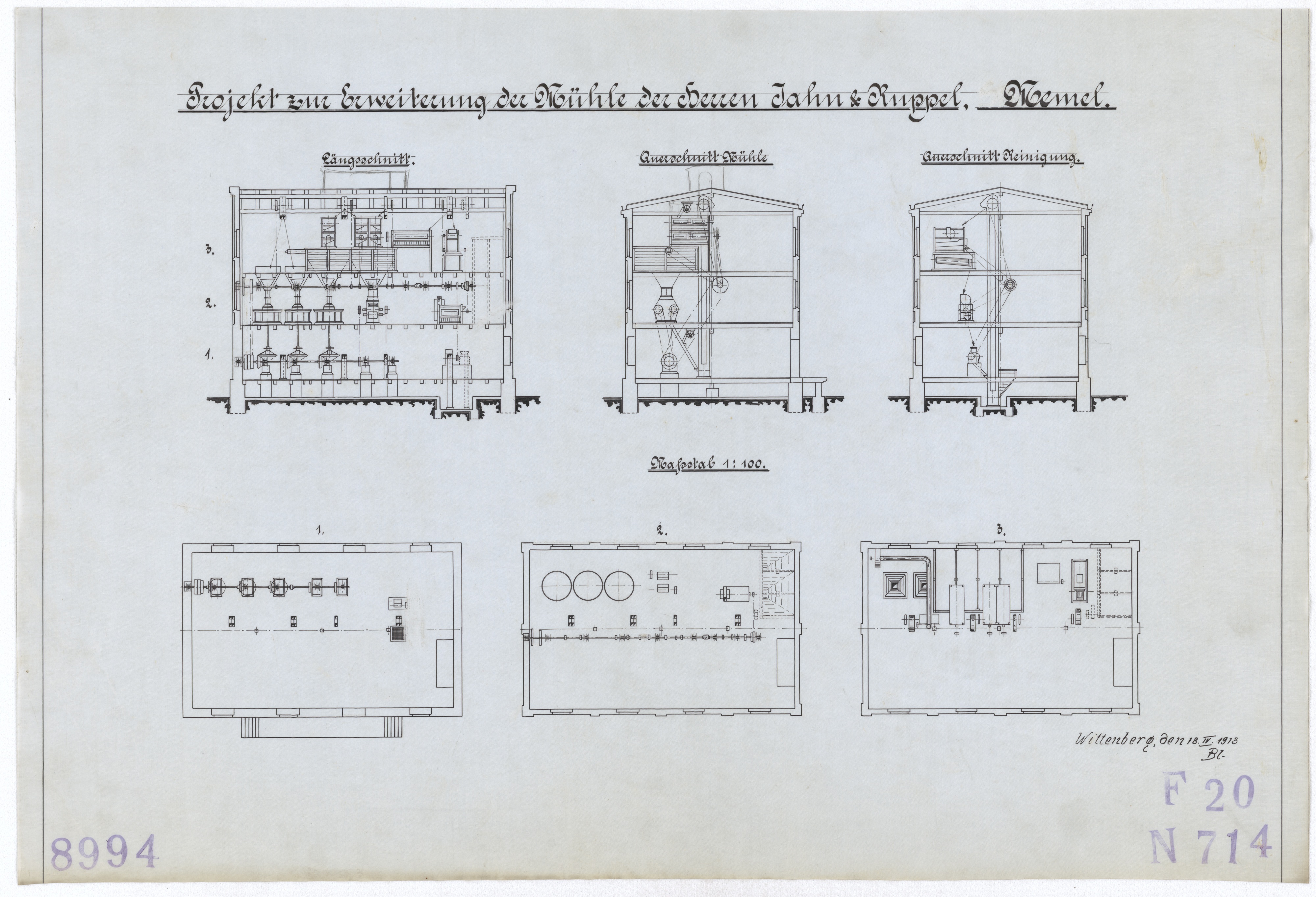 Technische Zeichnung : Projekt zur Erweiterung der Mühle der Herren Jahn & Ruppel, Memel (Stiftung Deutsches Technikmuseum Berlin CC BY-SA)