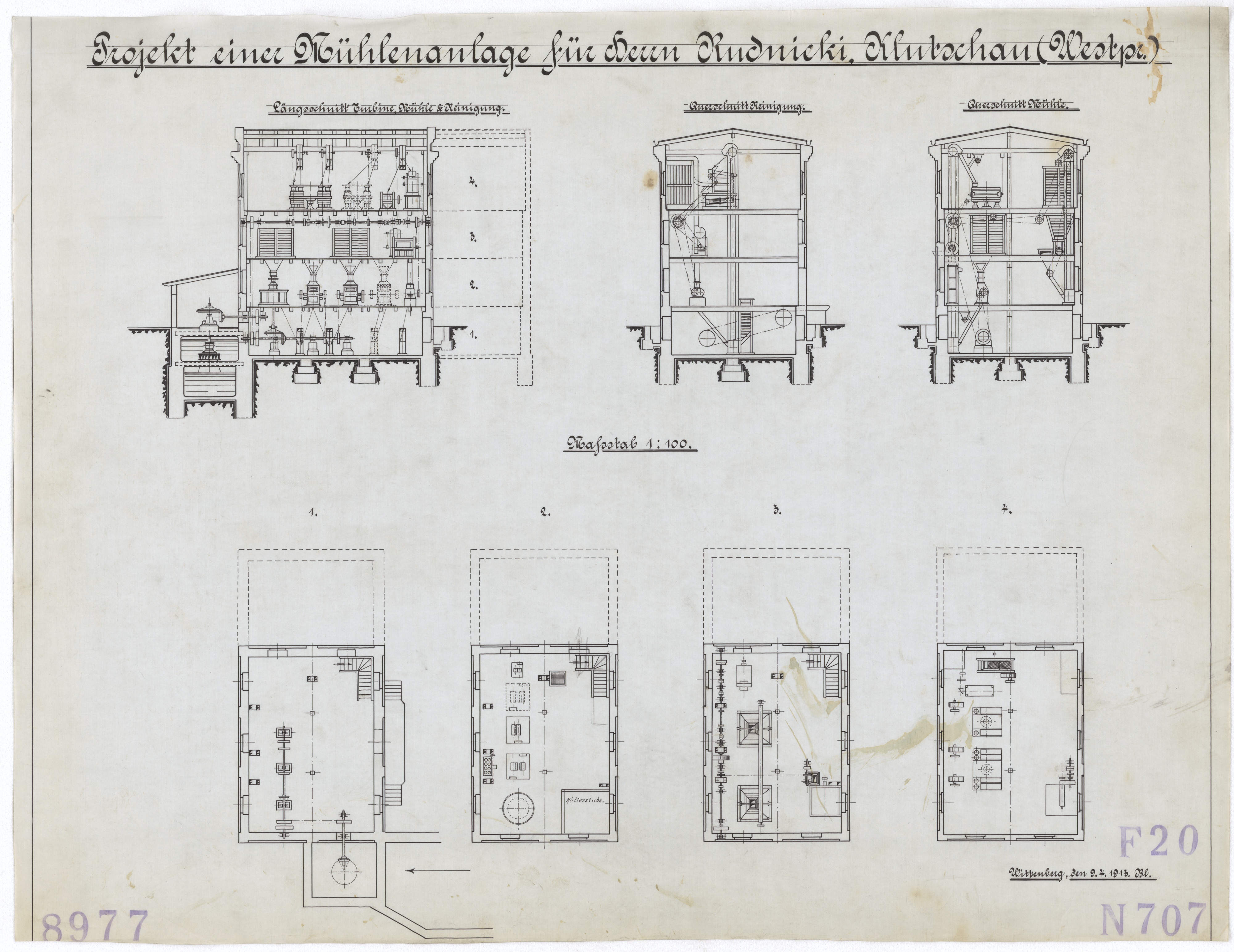 Technische Zeichnung : Projekt einer Mühlenanlage für Herrn Rudnicki, Klutschau (Westpreußen) (Stiftung Deutsches Technikmuseum Berlin CC BY-SA)