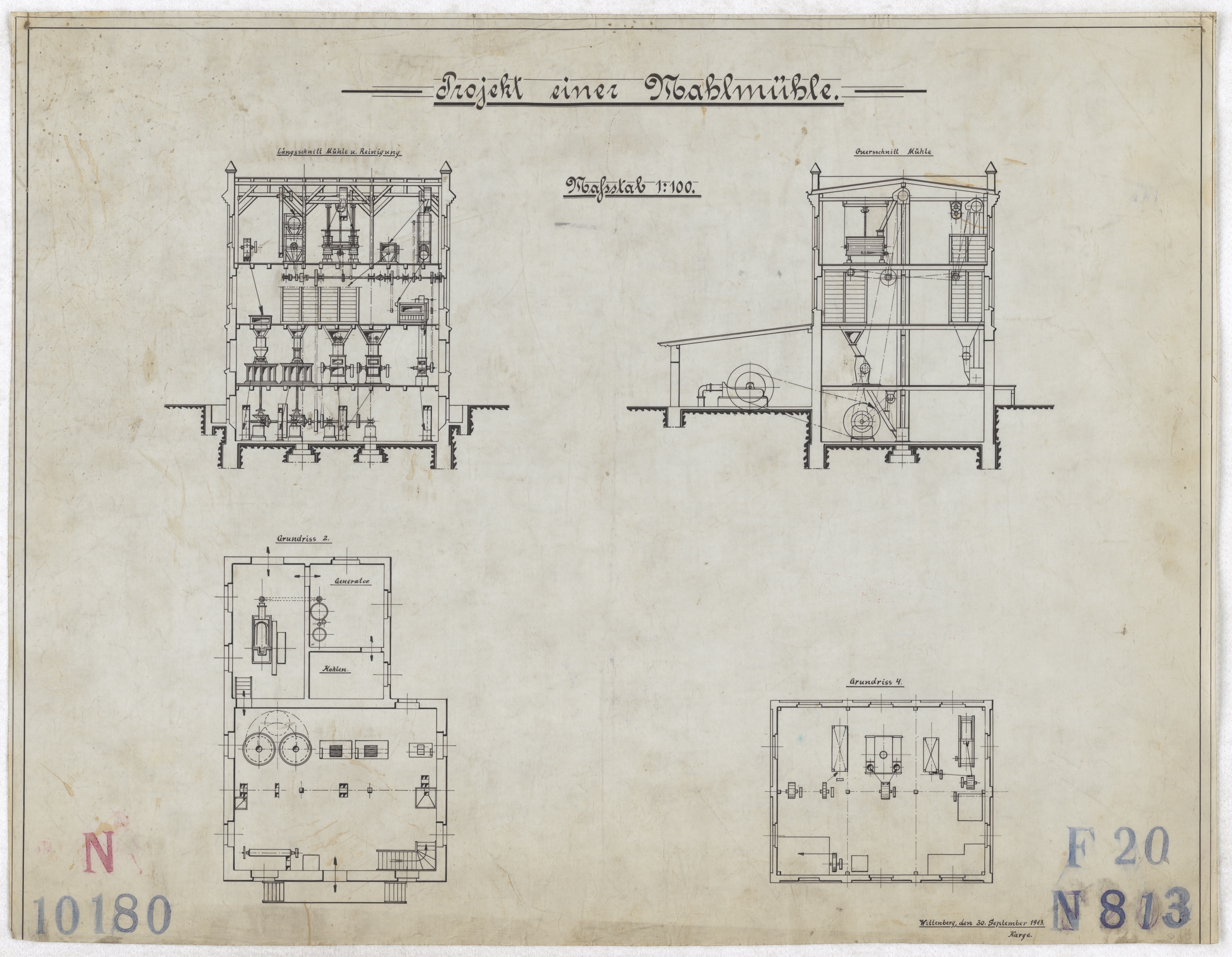 Technische Zeichnung : Projekt einer Mahlmühle (Stiftung Deutsches Technikmuseum Berlin CC BY-SA)
