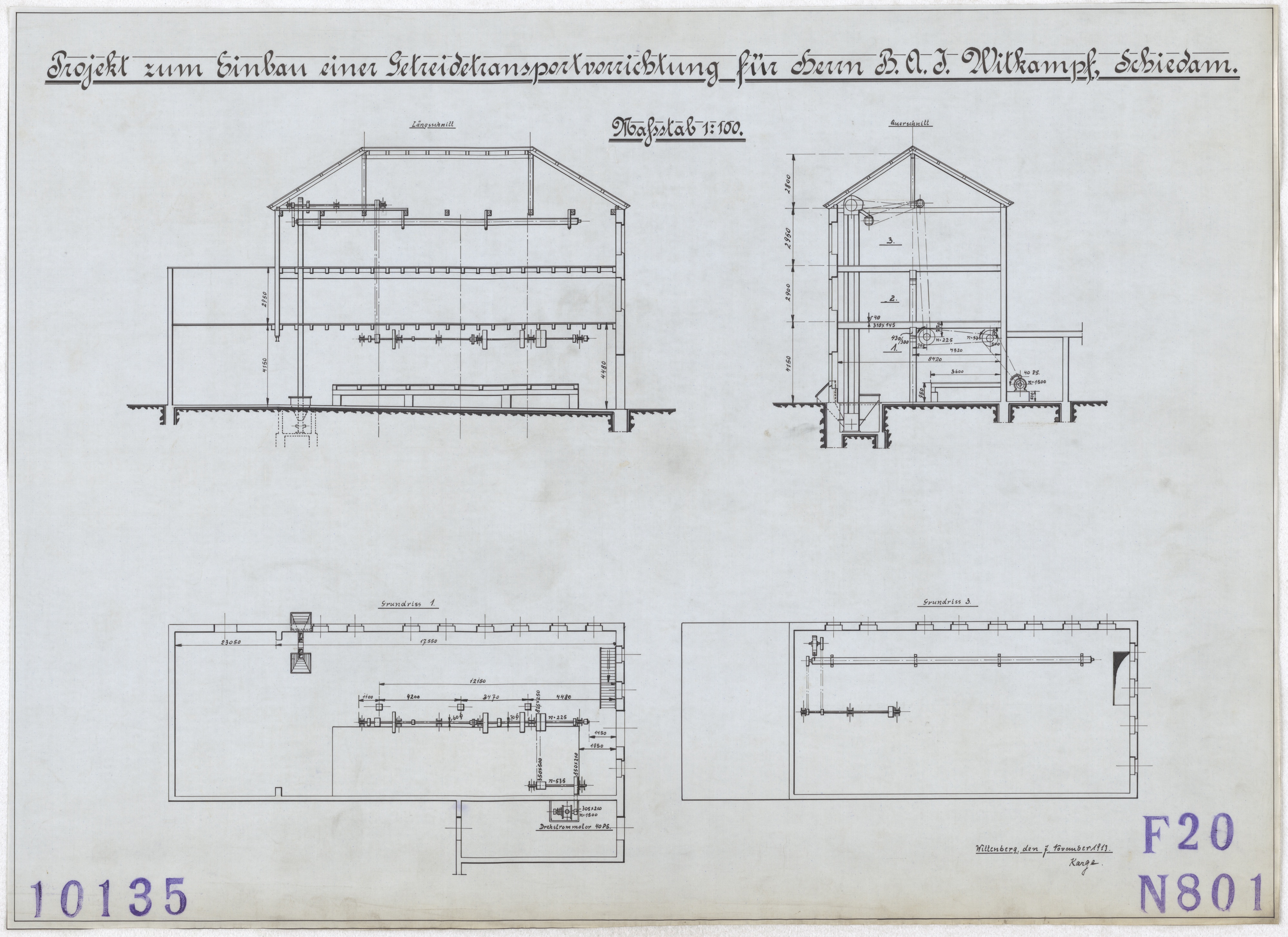 Technische Zeichnung : Projekt zum Einbau einer Getreidetransportvorrichtung für Herrn B. A. J. Witkampf, Schiedam (Stiftung Deutsches Technikmuseum Berlin CC BY-SA)
