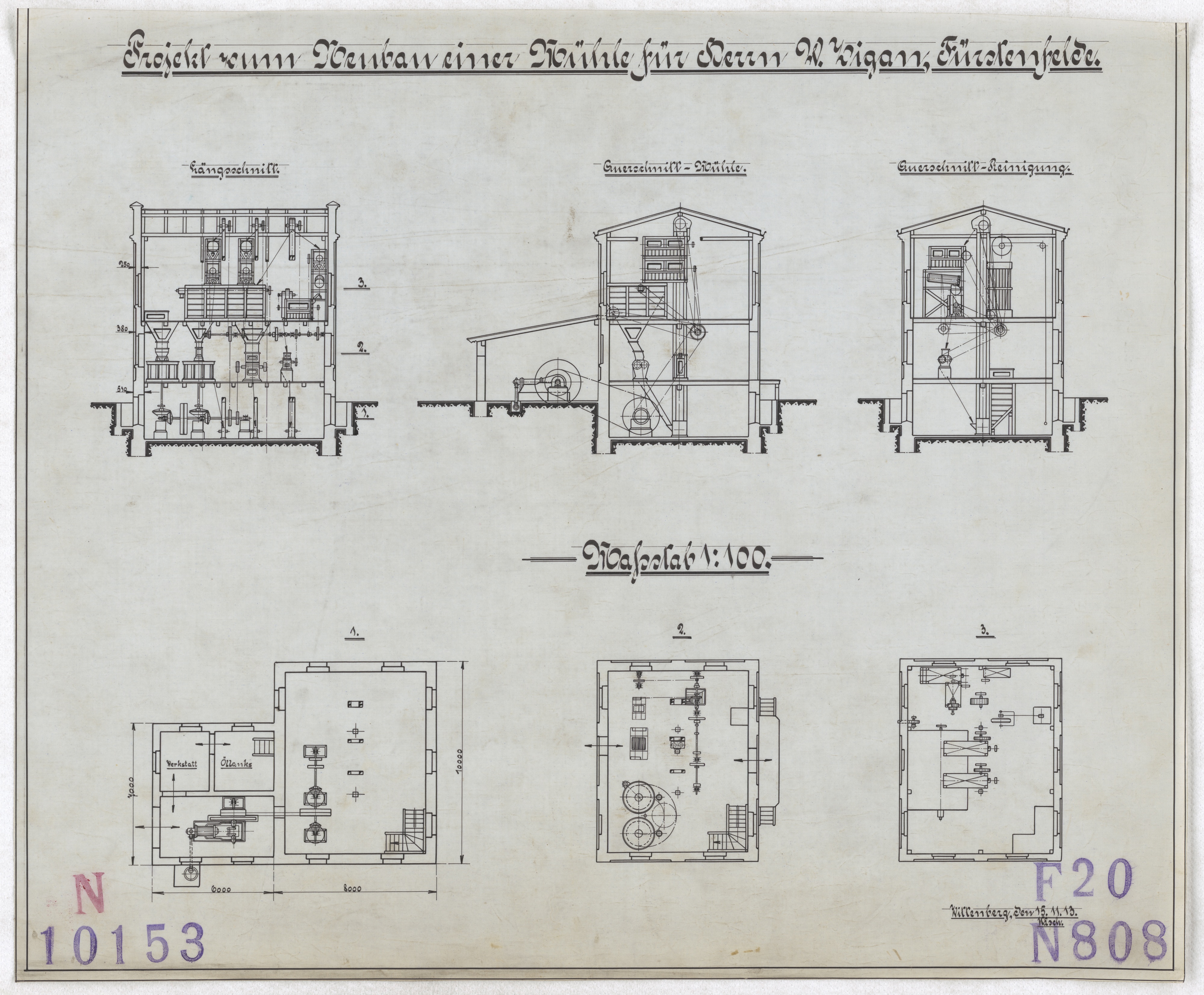 Technische Zeichnung : Projekt zum Neubau einer Mühle für Herrn Wilh. Zigan, Fürstenfelde (Stiftung Deutsches Technikmuseum Berlin CC BY-SA)