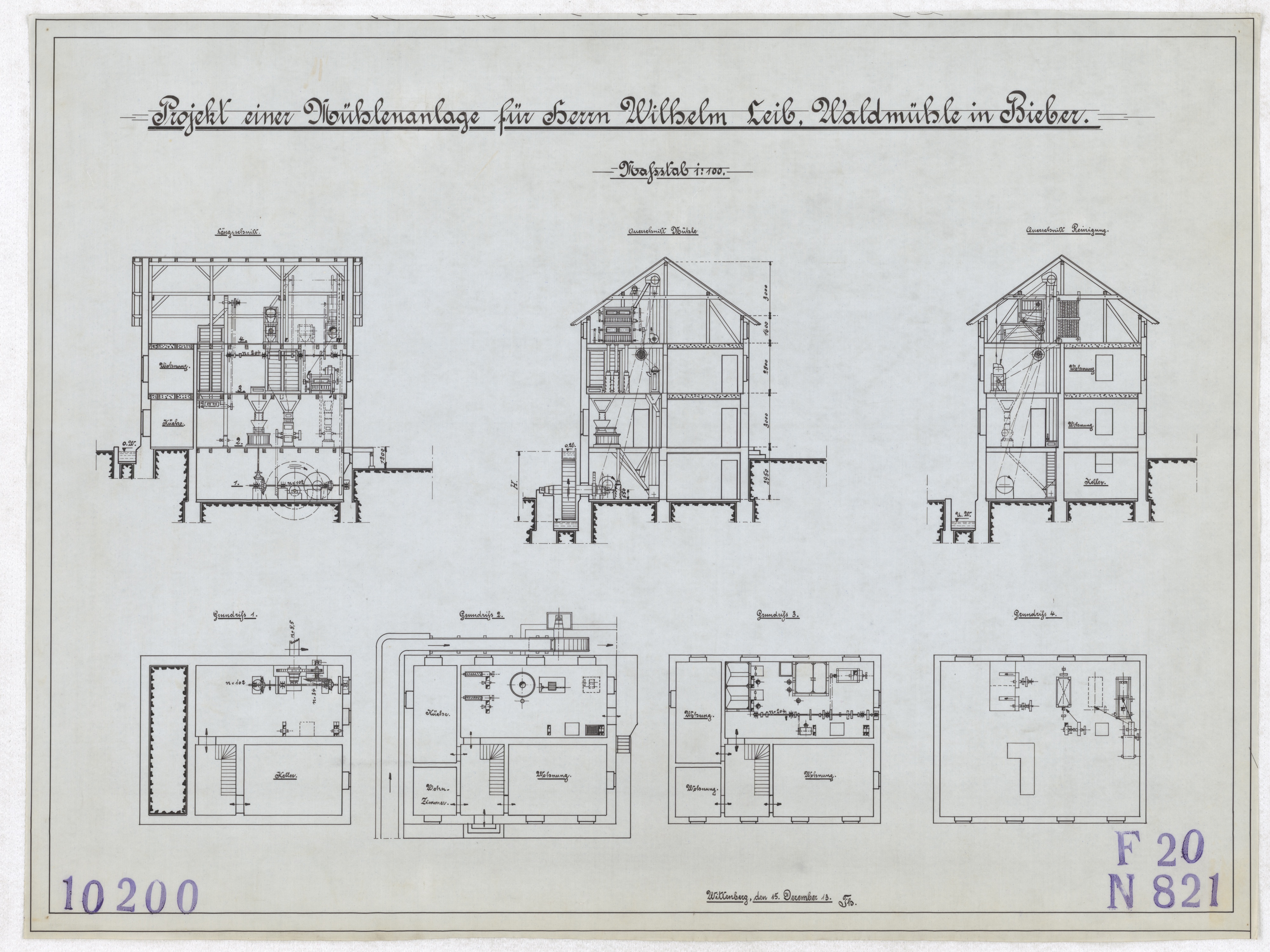 Technische Zeichnung : Projekt einer Mühlenanlage für Herrn Wilhelm Leib, Waldmühle in Bieber (Stiftung Deutsches Technikmuseum Berlin CC BY-SA)