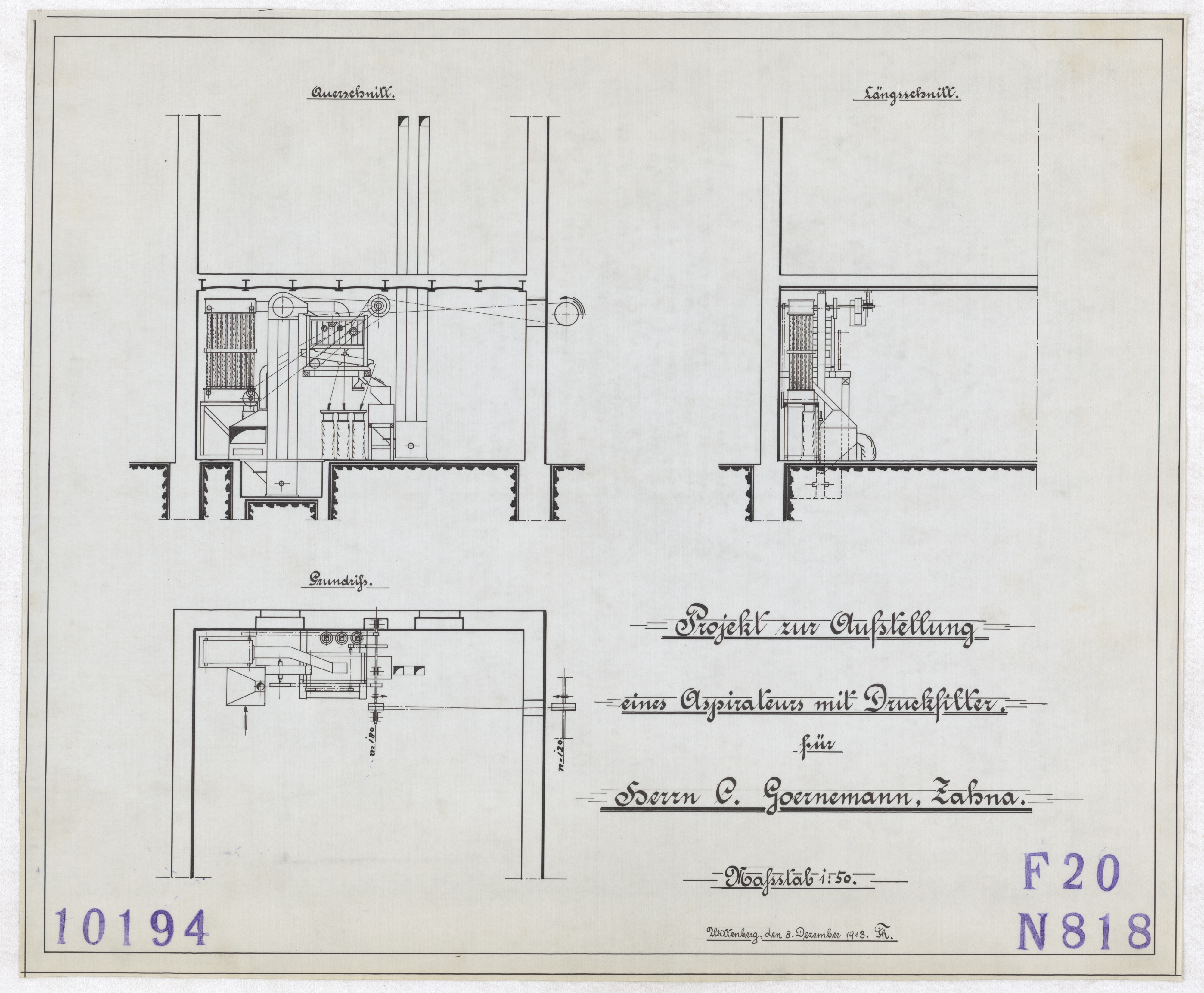 Technische Zeichnung : Projekt zur Aufstellung eines Aspirateurs mit Druckfilter für Herrn C. Görnemann, Zahna (Stiftung Deutsches Technikmuseum Berlin CC BY-SA)