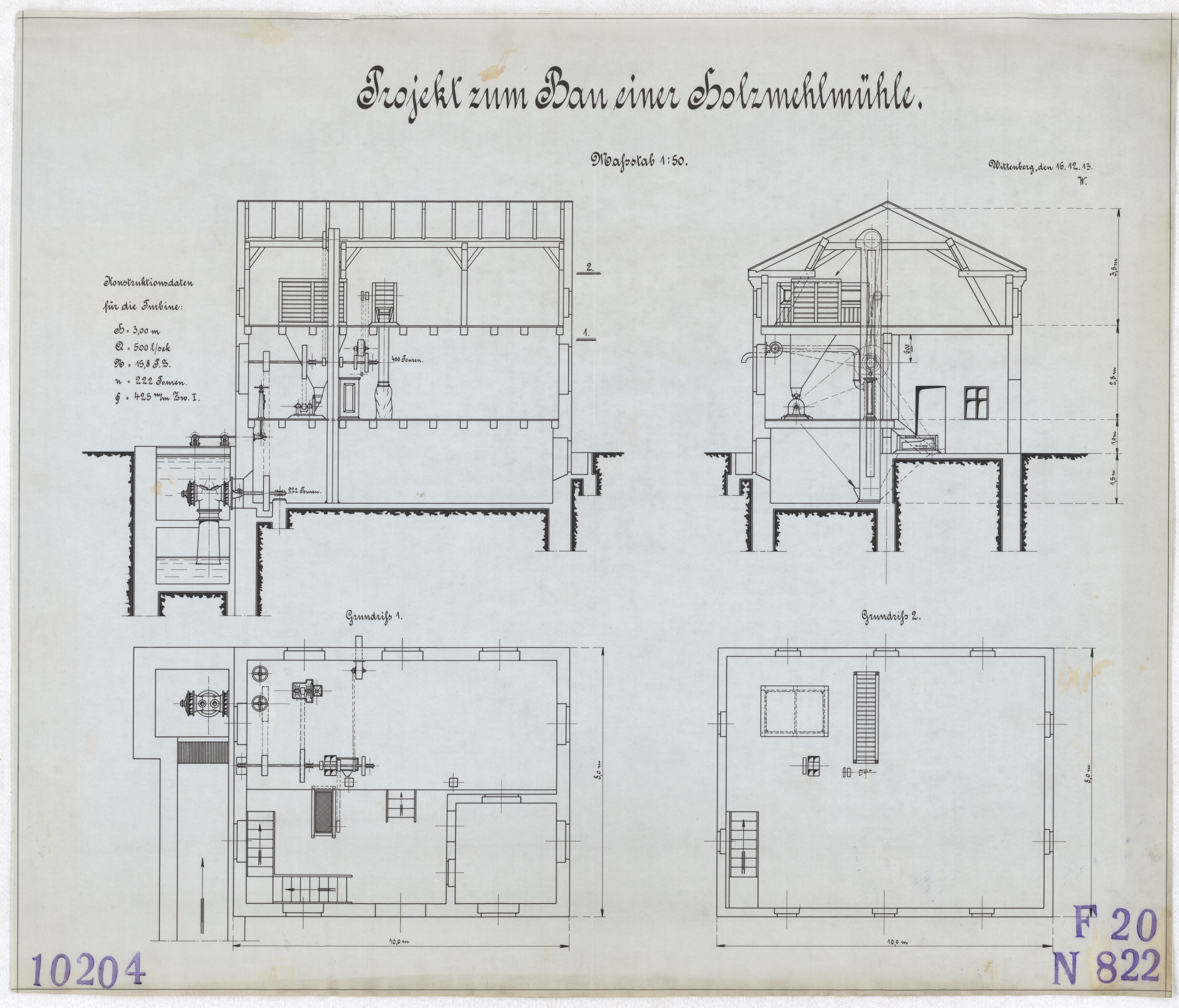 Technische Zeichnung : Projekt zum Bau einer Holzmehlmühle (Stiftung Deutsches Technikmuseum Berlin CC BY-SA)