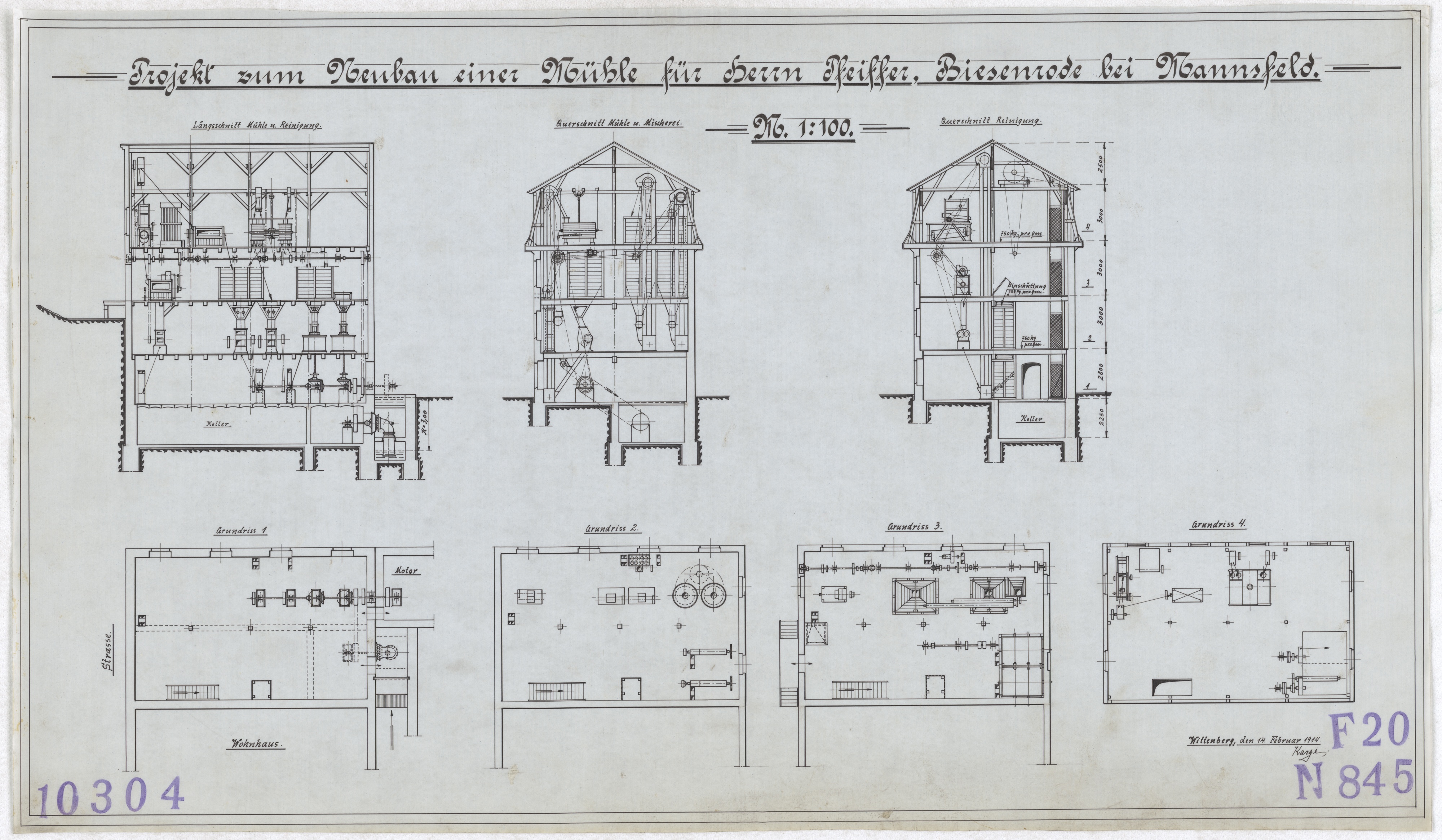 Technische Zeichnung : Projekt zum Neubau einer Mühle für Herrn Pfeiffer, Biesenrode bei Mansfeld (Stiftung Deutsches Technikmuseum Berlin CC BY-SA)