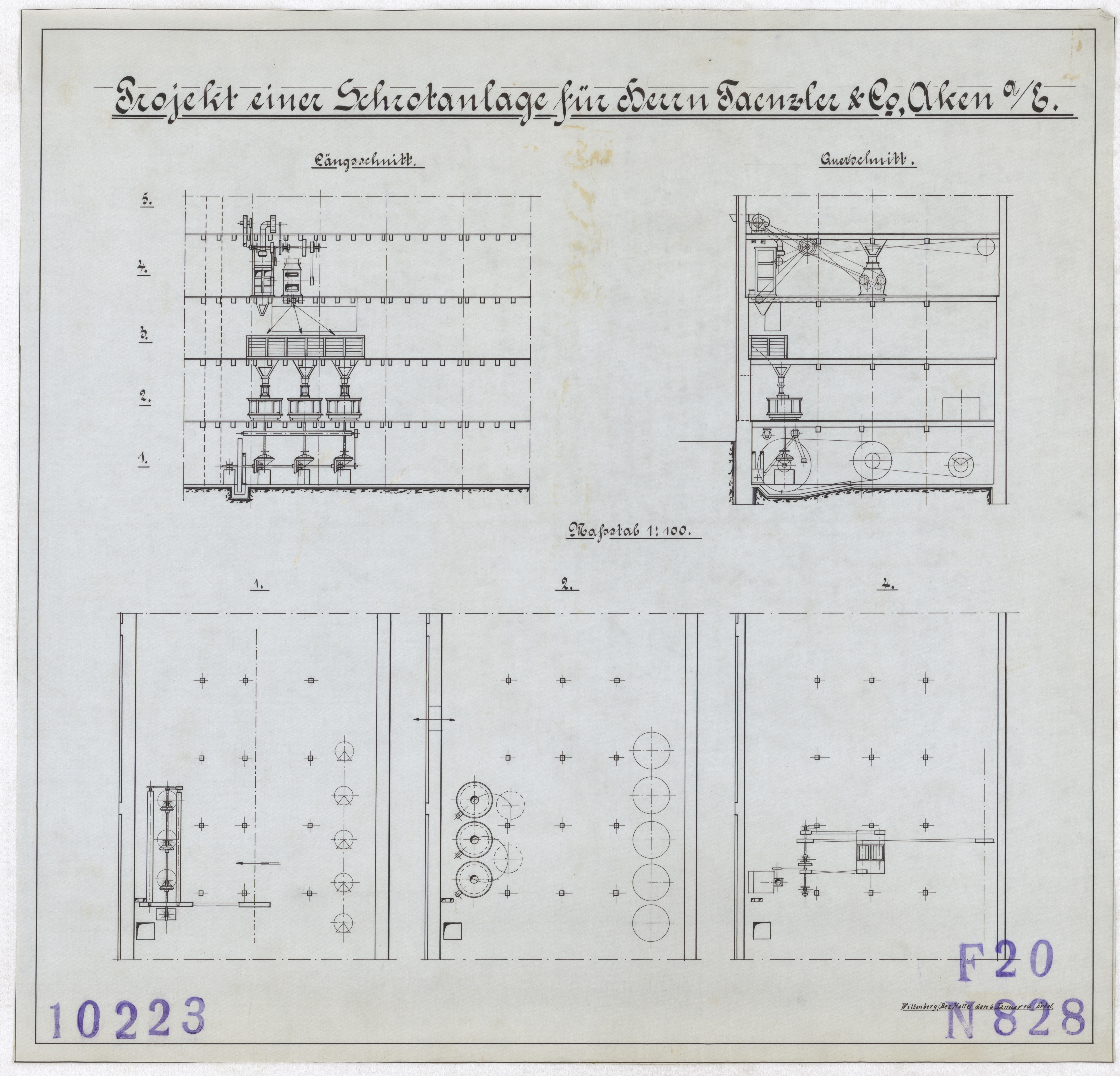Technische Zeichnung : Projekt einer Schrotanlage für Herrn Tänzler & Co., Aken an der Elbe (Stiftung Deutsches Technikmuseum Berlin CC BY-SA)