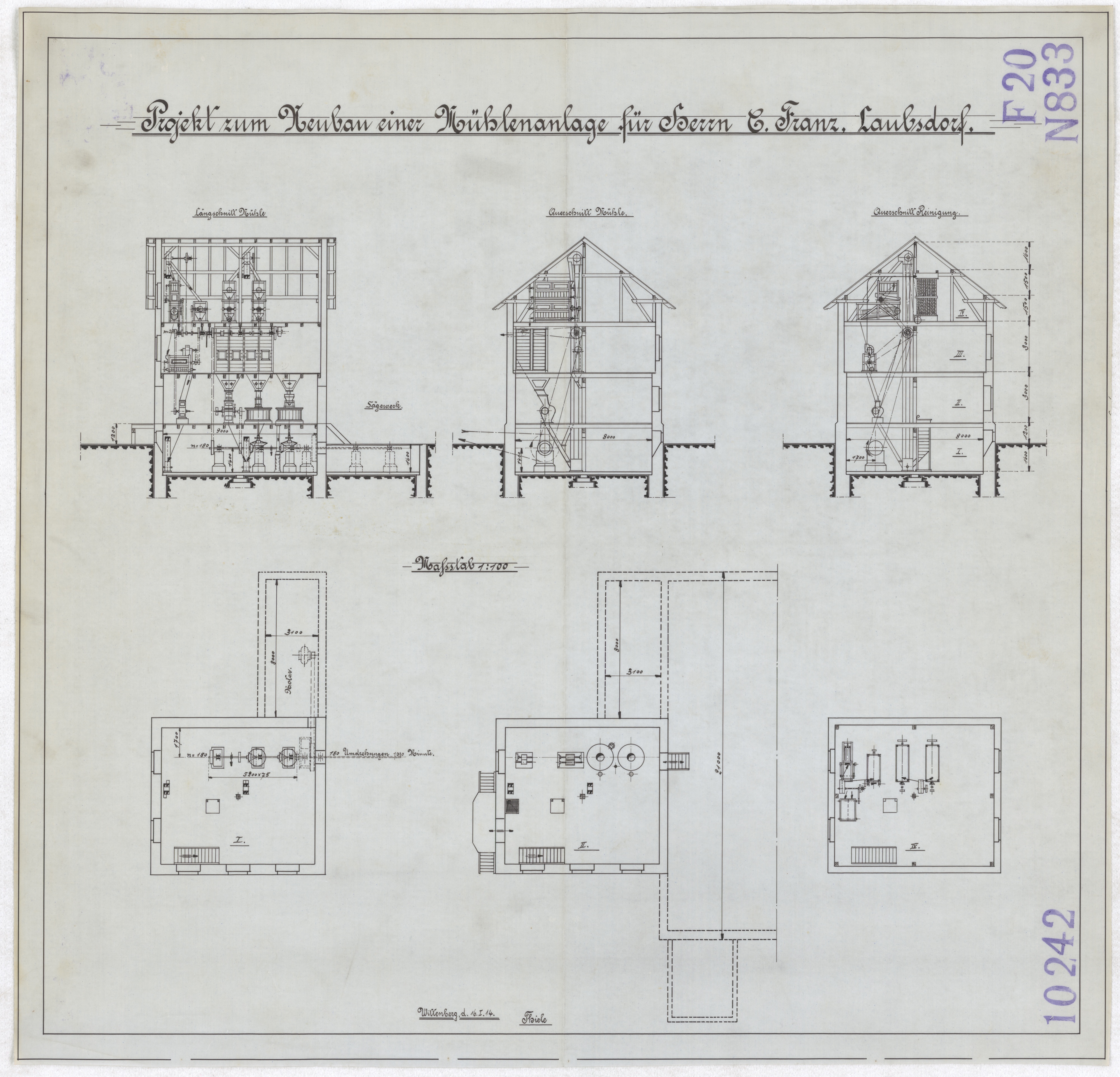 Technische Zeichnung : Projekt zum Neubau einer Mühlenanlage für Herrn C. Franz, Laubsdorf (Stiftung Deutsches Technikmuseum Berlin CC BY-SA)
