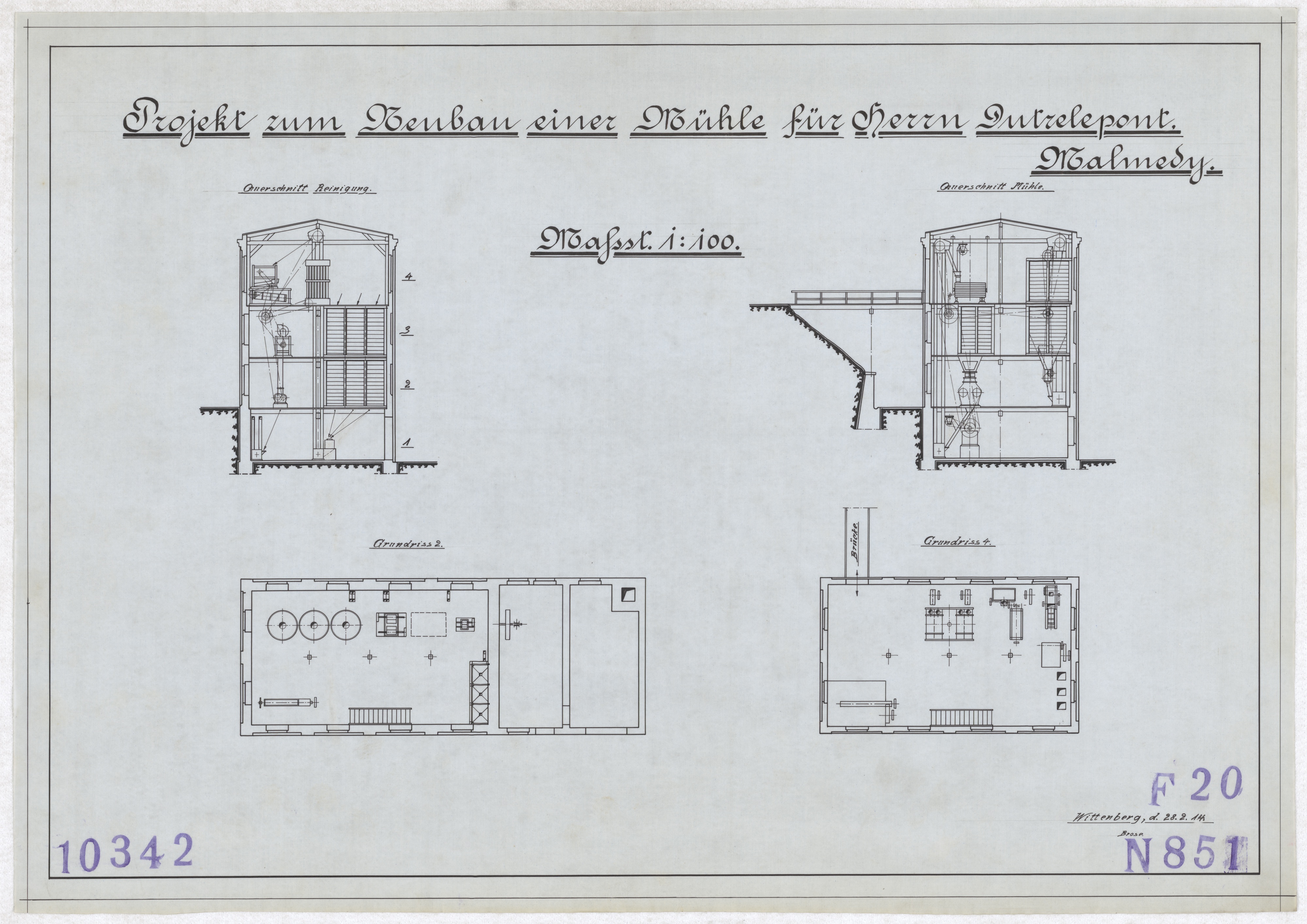 Technische Zeichnung : Projekt zum Neubau einer Mühle für Herrn Dutrelepont, Malmedy (Stiftung Deutsches Technikmuseum Berlin CC BY-SA)