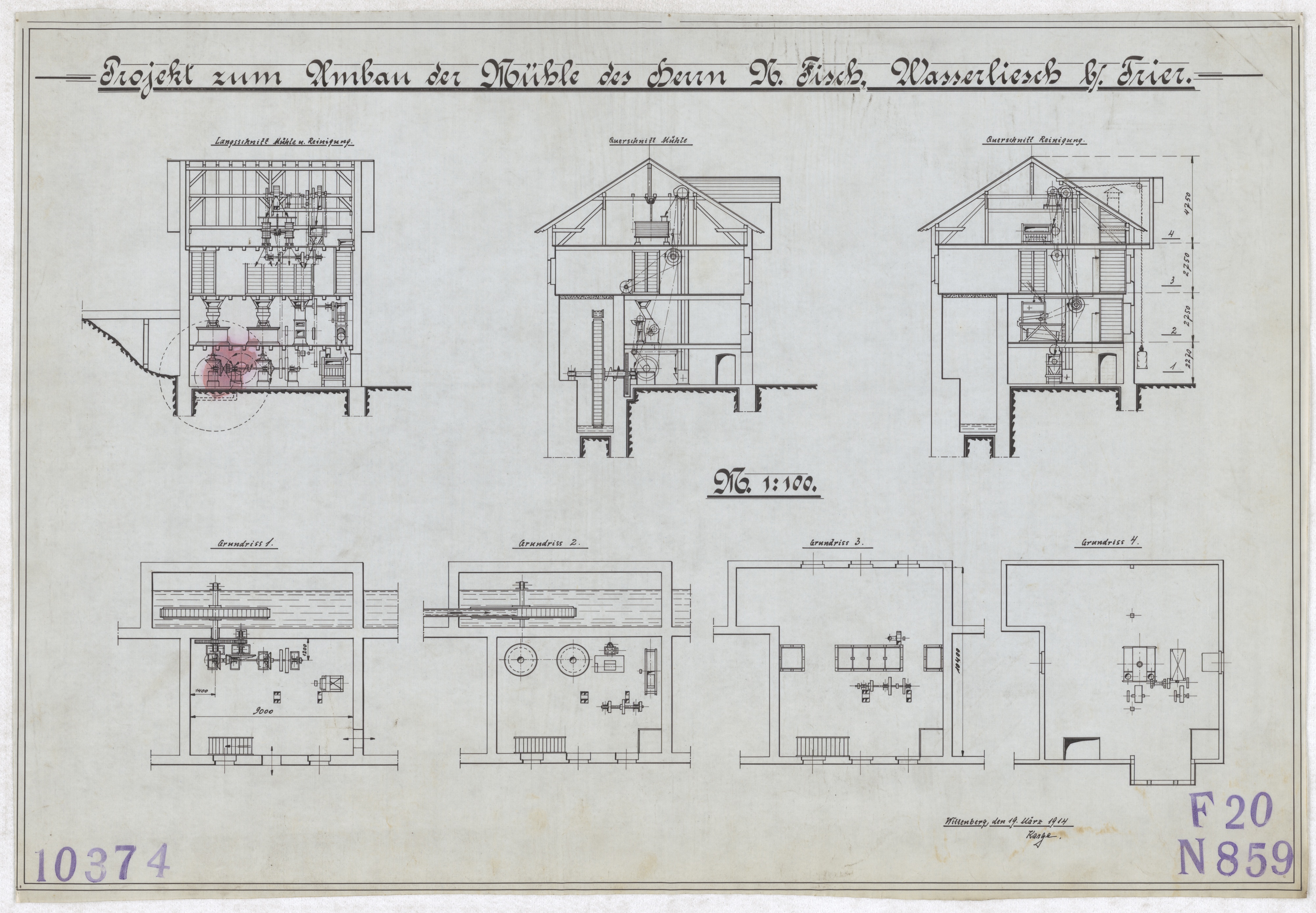 Technische Zeichnung : Projekt zum Umbau der Mühle des Herrn N. Fisch, Wasserliesch bei Trier (Stiftung Deutsches Technikmuseum Berlin CC BY-SA)