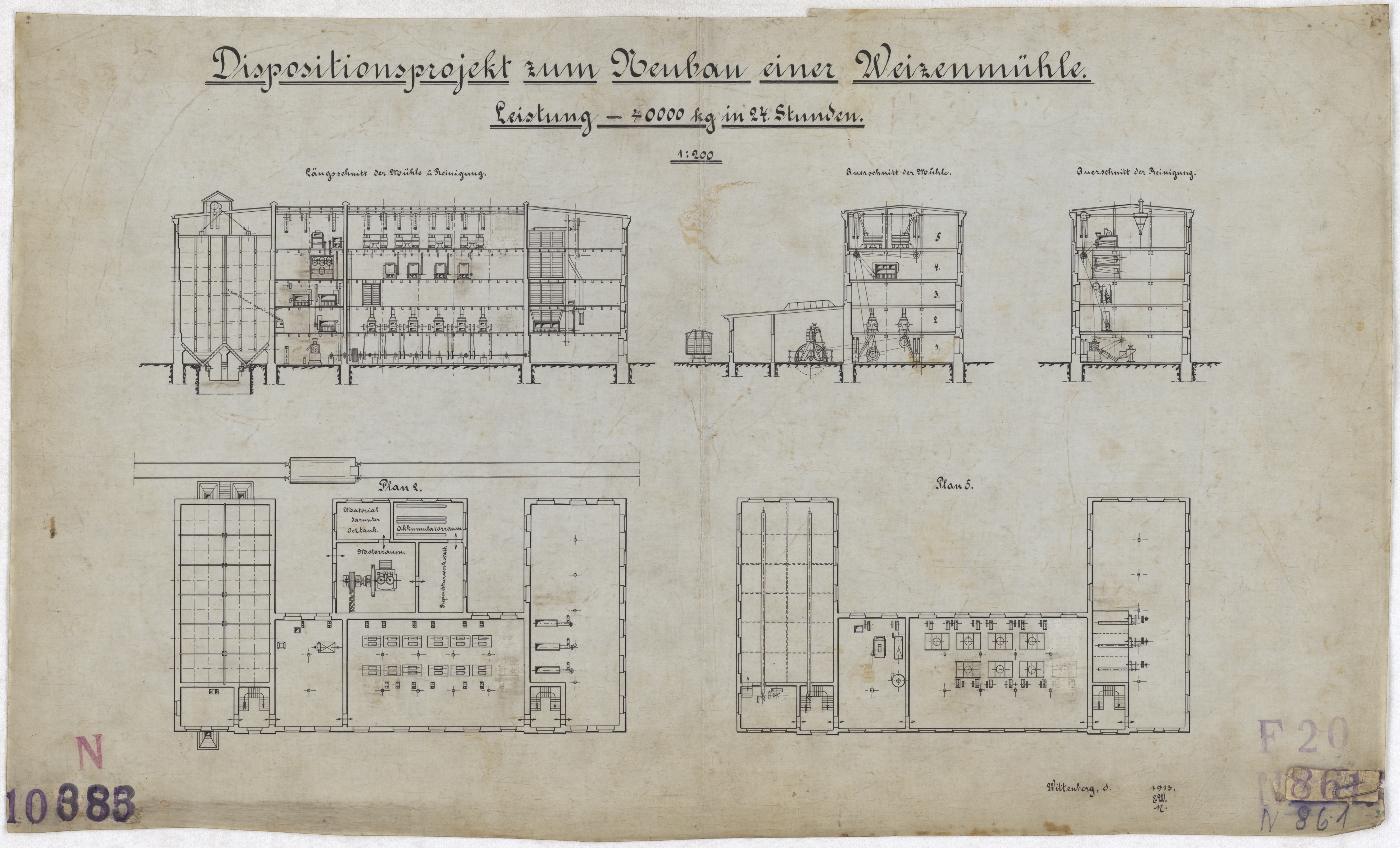 Technische Zeichnung : Dispositionsprojekt zum Neubau einer Weizenmühle. Leistung 40000 kg in 24 Stunden (Stiftung Deutsches Technikmuseum Berlin CC BY-SA)