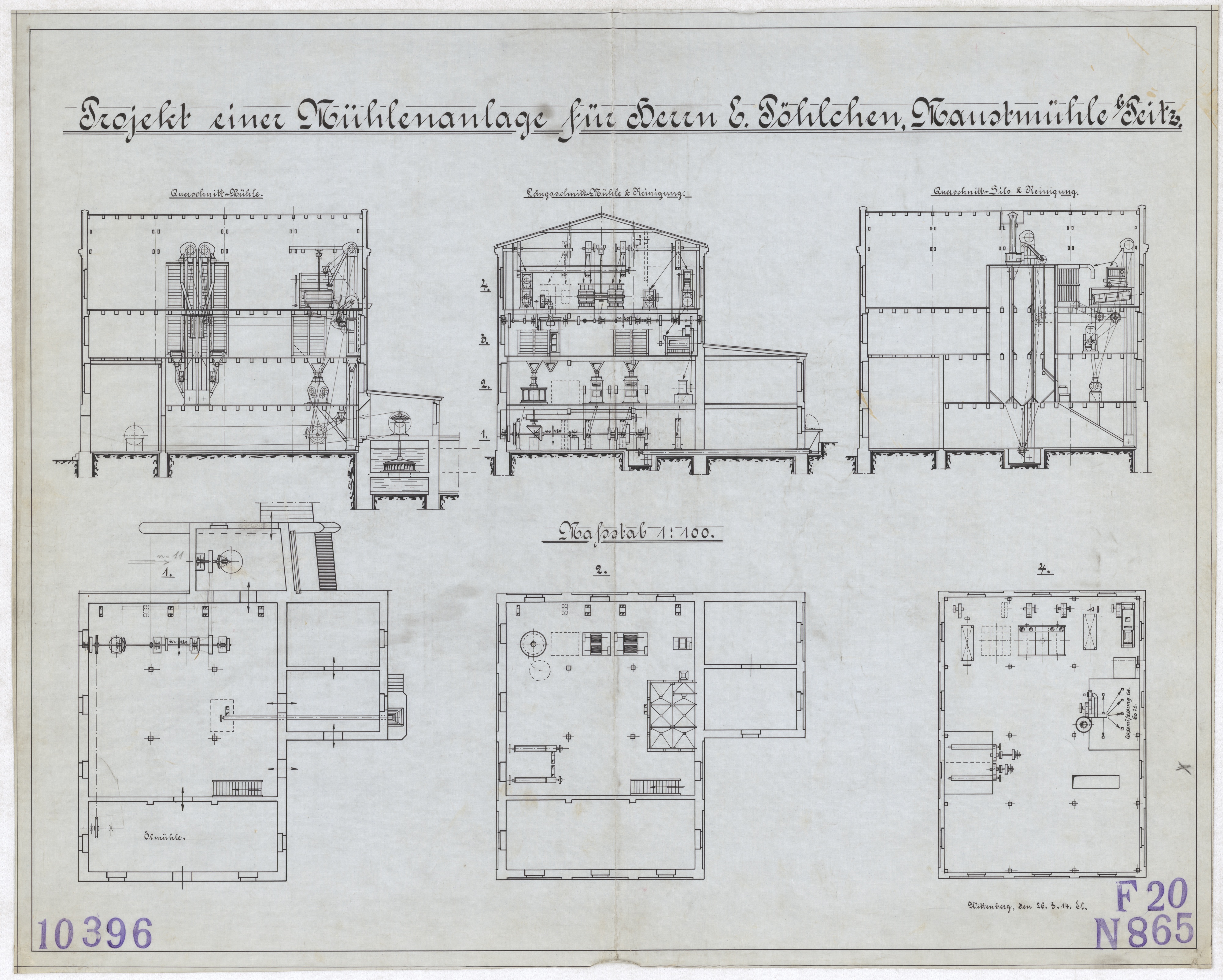 Technische Zeichnung : Projekt einer Mühlenanlage für Herrn E. Pöhlchen, Maustmühle bei Peitz (Stiftung Deutsches Technikmuseum Berlin CC BY-SA)