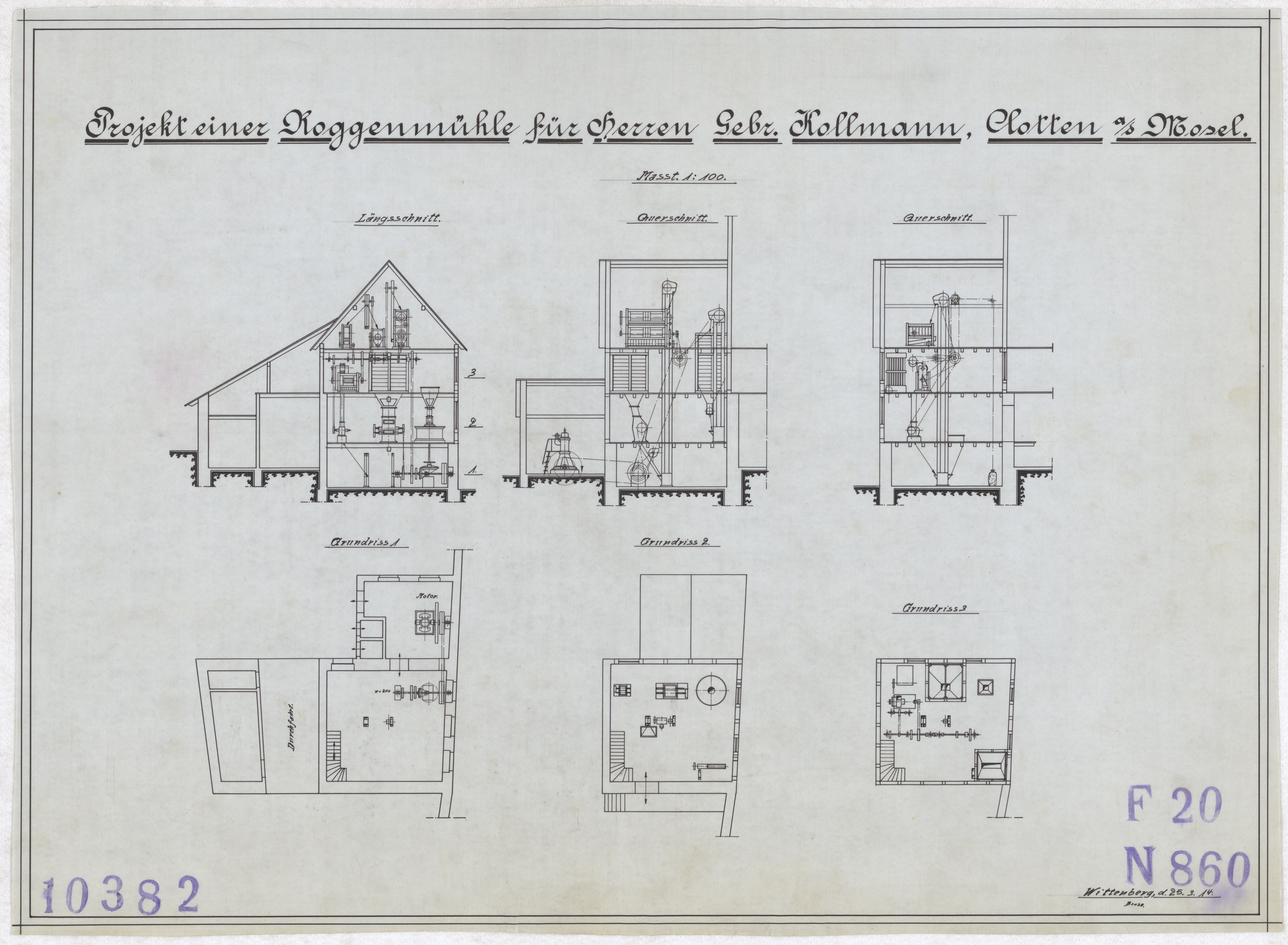 Technische Zeichnung : Projekt einer Roggenmühle für die Herren Gebrüder Kollmann, Clotten an der Mosel (Stiftung Deutsches Technikmuseum Berlin CC BY-SA)