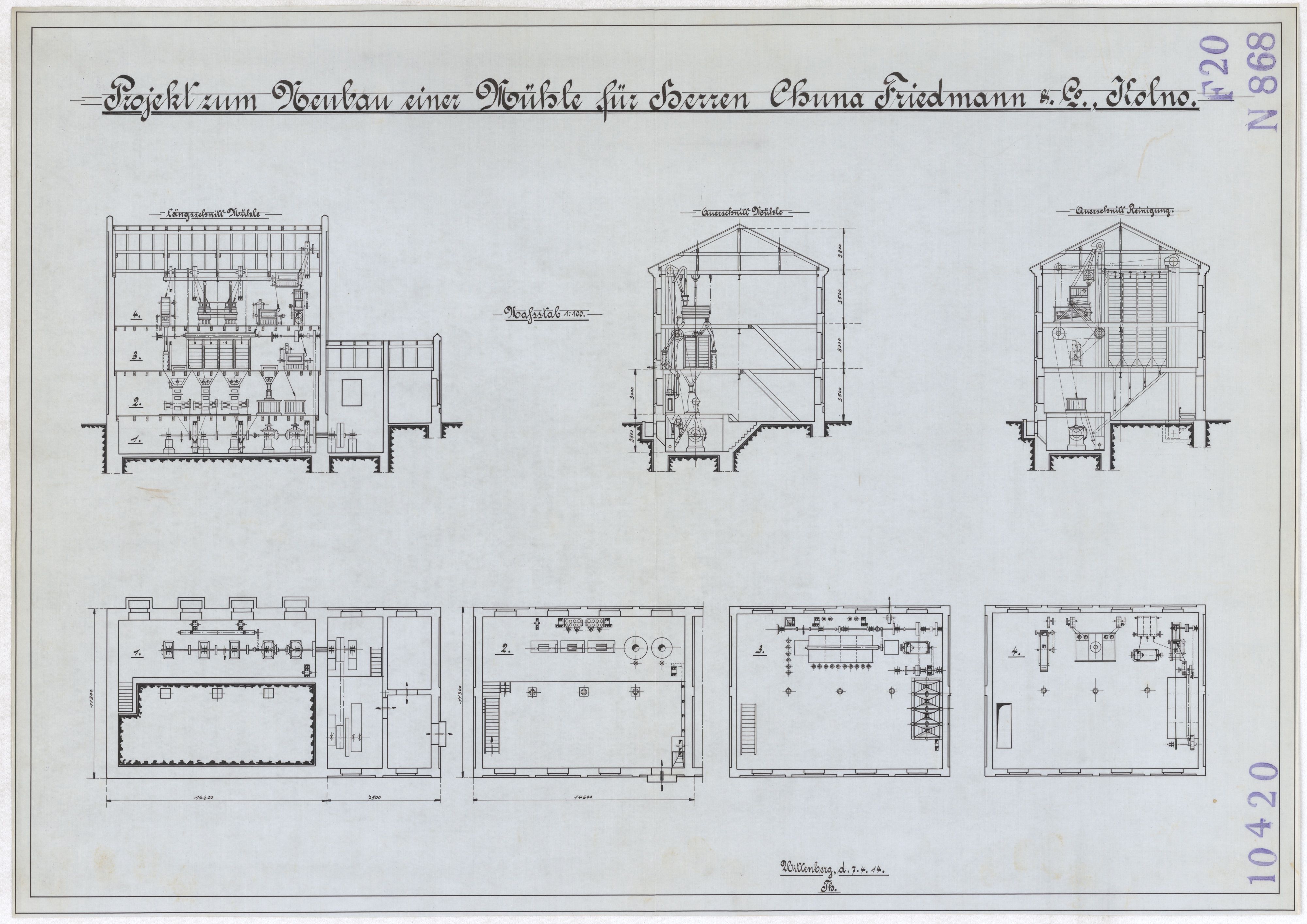 Technische Zeichnung : Projekt zum Neubau einer Mühle für die Herren Chuna Friedmann & Co., Kolno (Stiftung Deutsches Technikmuseum Berlin CC BY-SA)