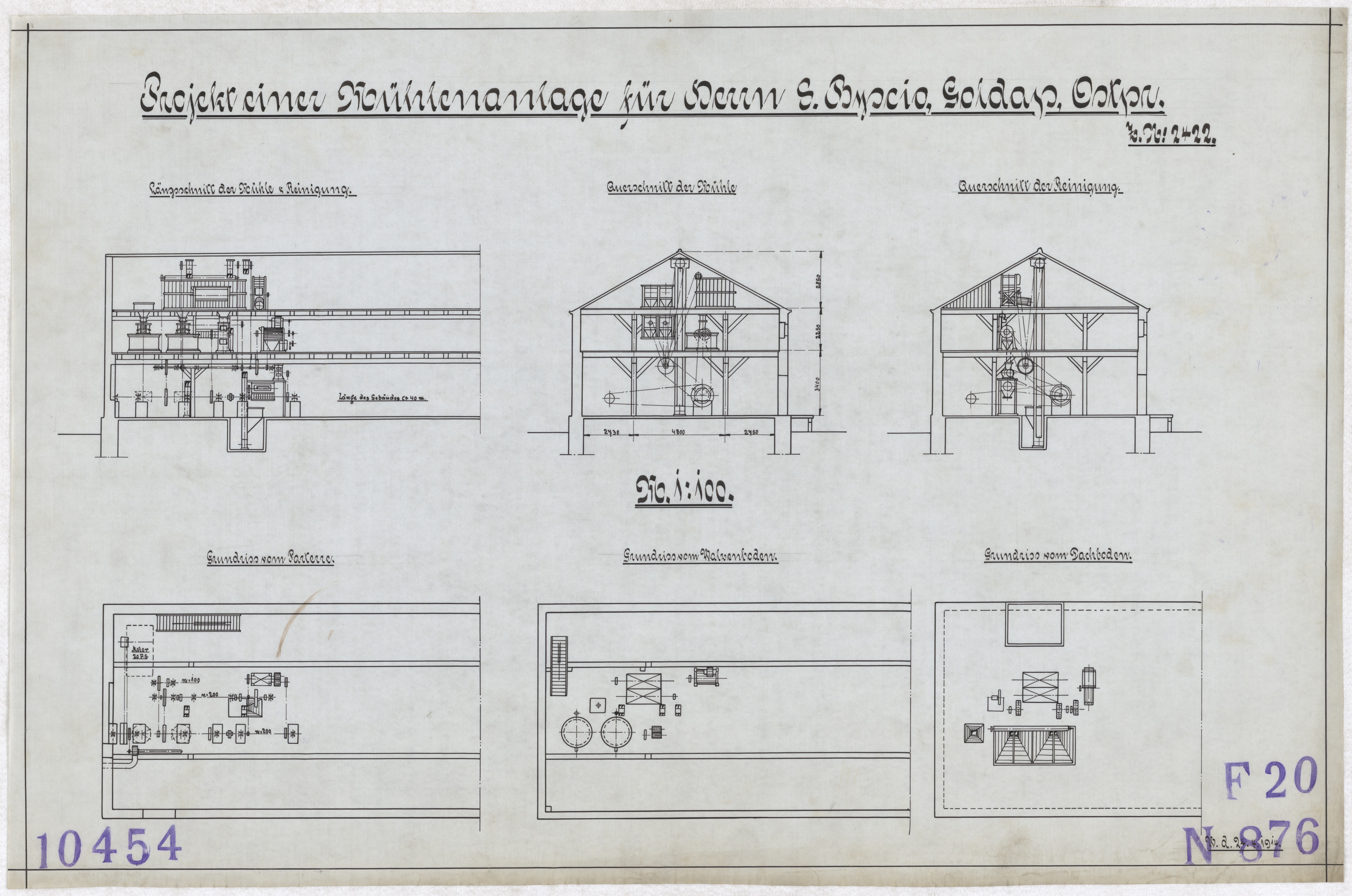 Technische Zeichnung : Projekt einer Mühlenanlage für Herrn S. Byscio, Goldap, Ostpreußen (Stiftung Deutsches Technikmuseum Berlin CC BY-SA)