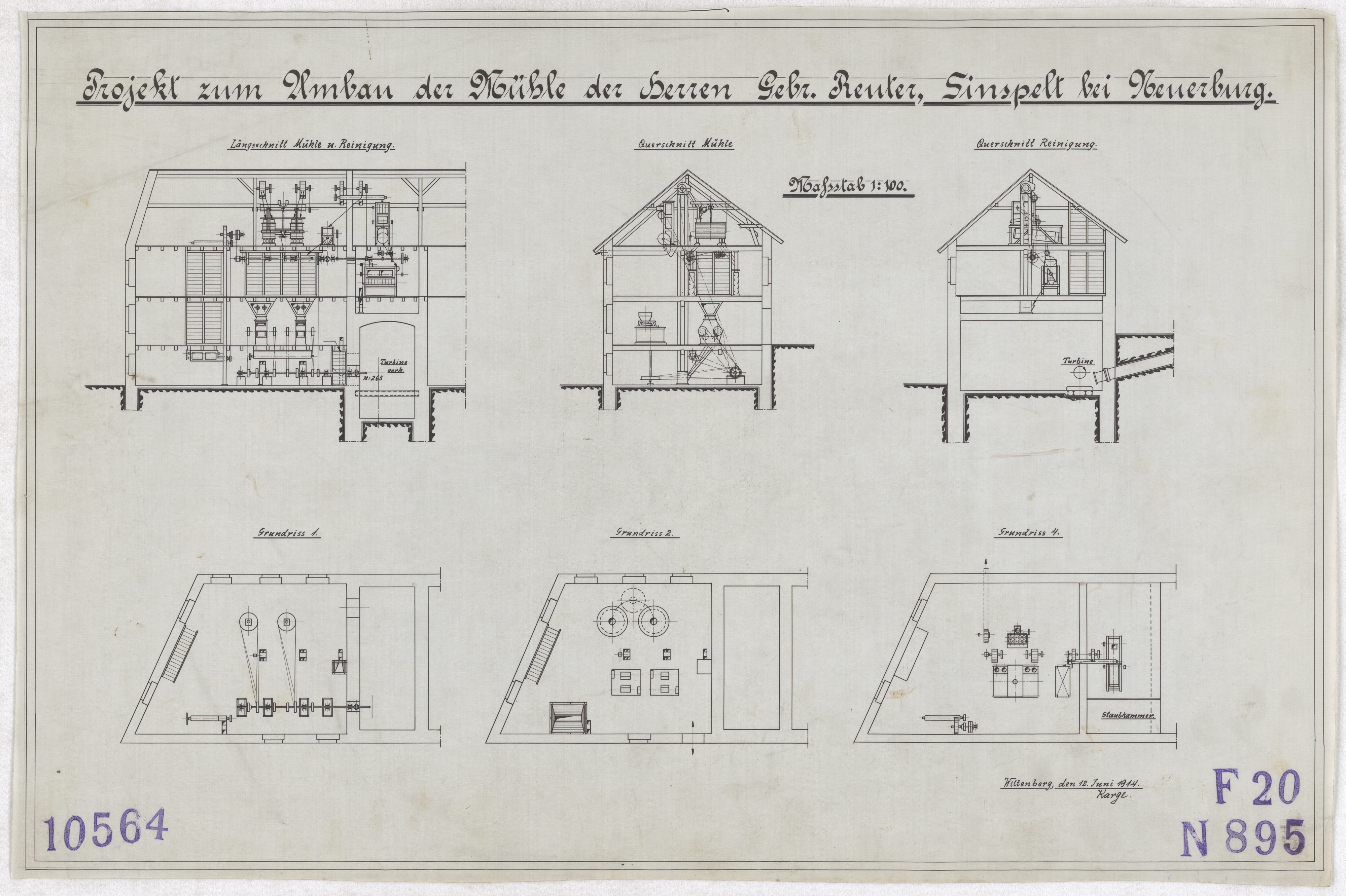 Technische Zeichnung : Projekt zum Umbau der Mühle der Herren Gebrüder Reuter, Sinspelt bei Neuerburg (Stiftung Deutsches Technikmuseum Berlin CC BY-SA)